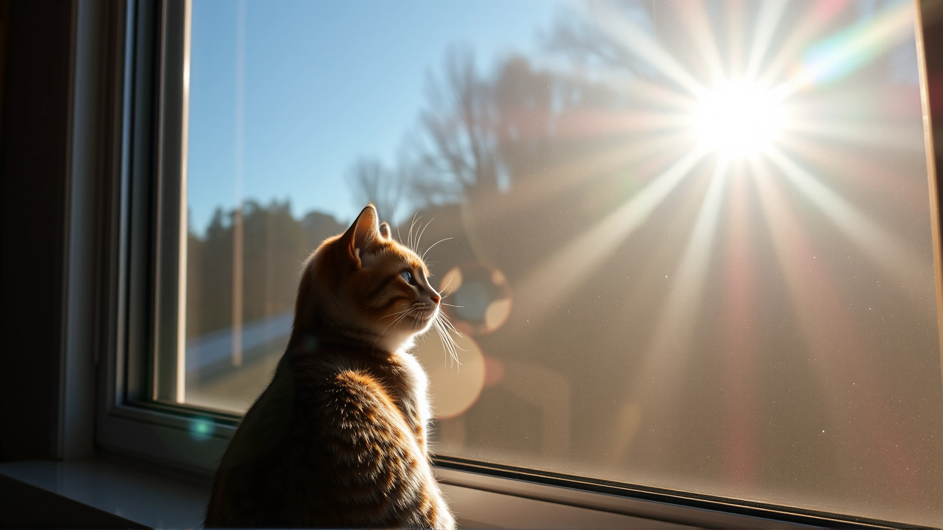 Wide angle shot of a cat sitting on a windowsill staring outside as morning sunlight streams in, dust particles visible in the rays, conveying contemplation.