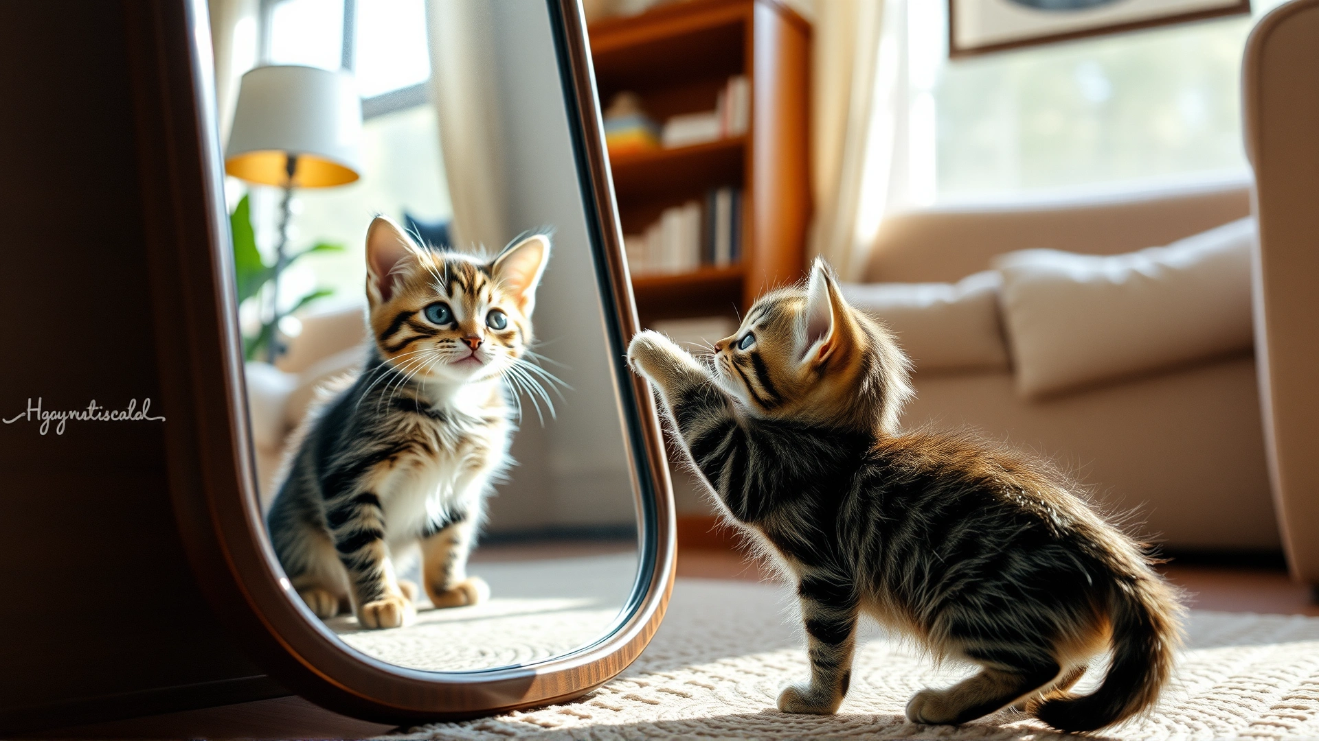 Playful tabby kitten reaching toward its own reflection in a floor mirror, cozy living room, daytime natural light