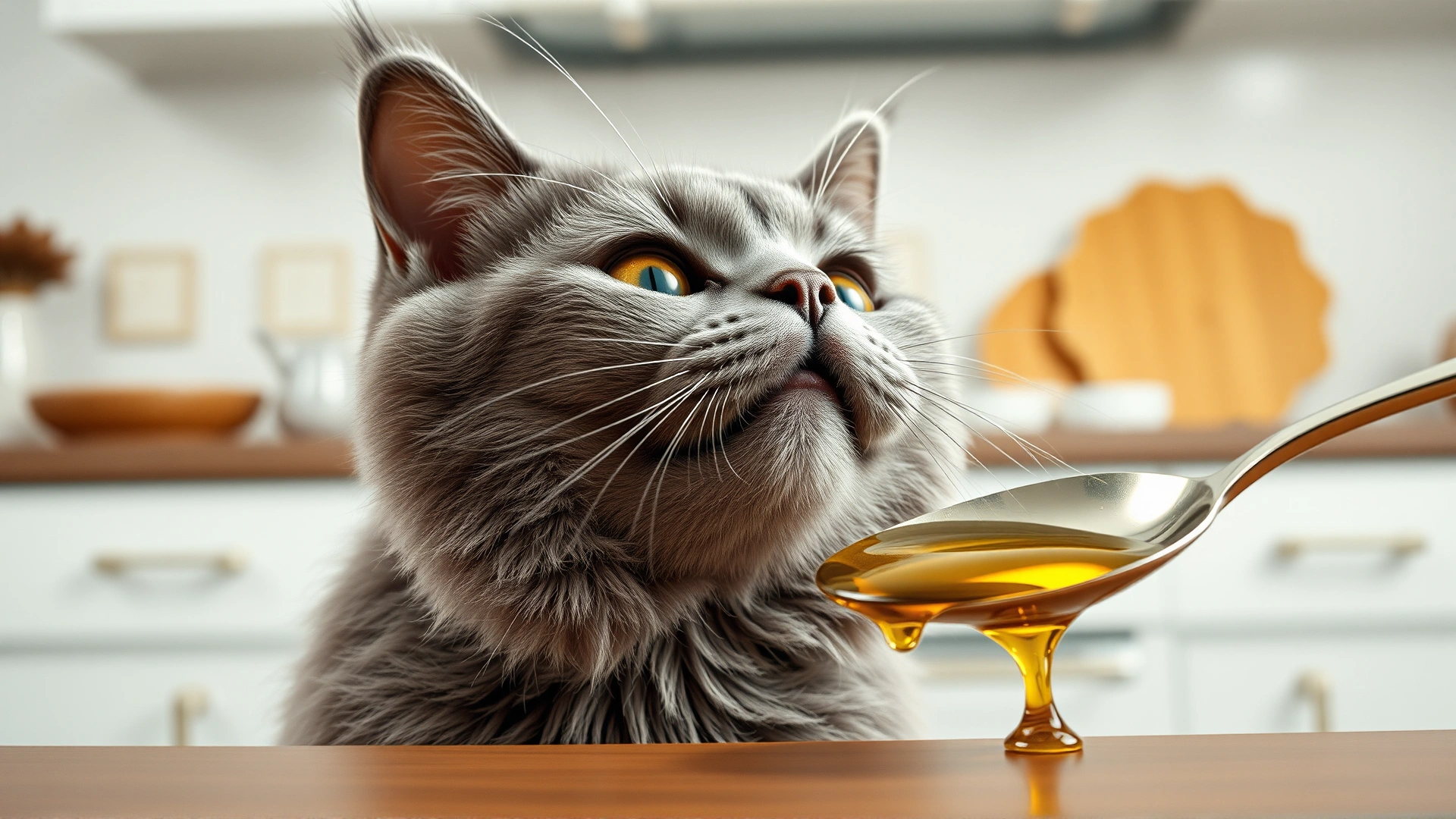 Wide horizontal shot of a playful gray cat looking curiously at a spoon with flowing golden fish oil in a bright kitchen setting, high resolution