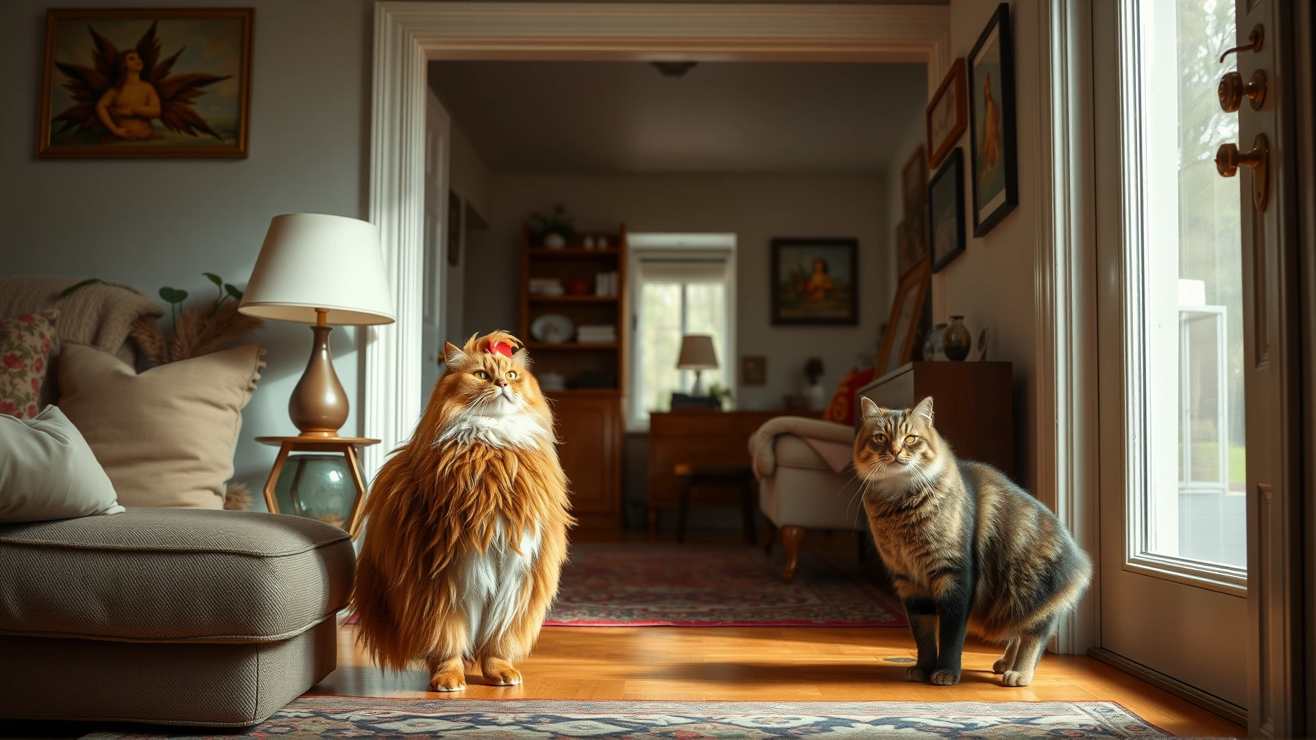 Cheerful tabby cat pouncing on a rainbow-colored toy ball in a bright living room, soft natural light, high-resolution action shot