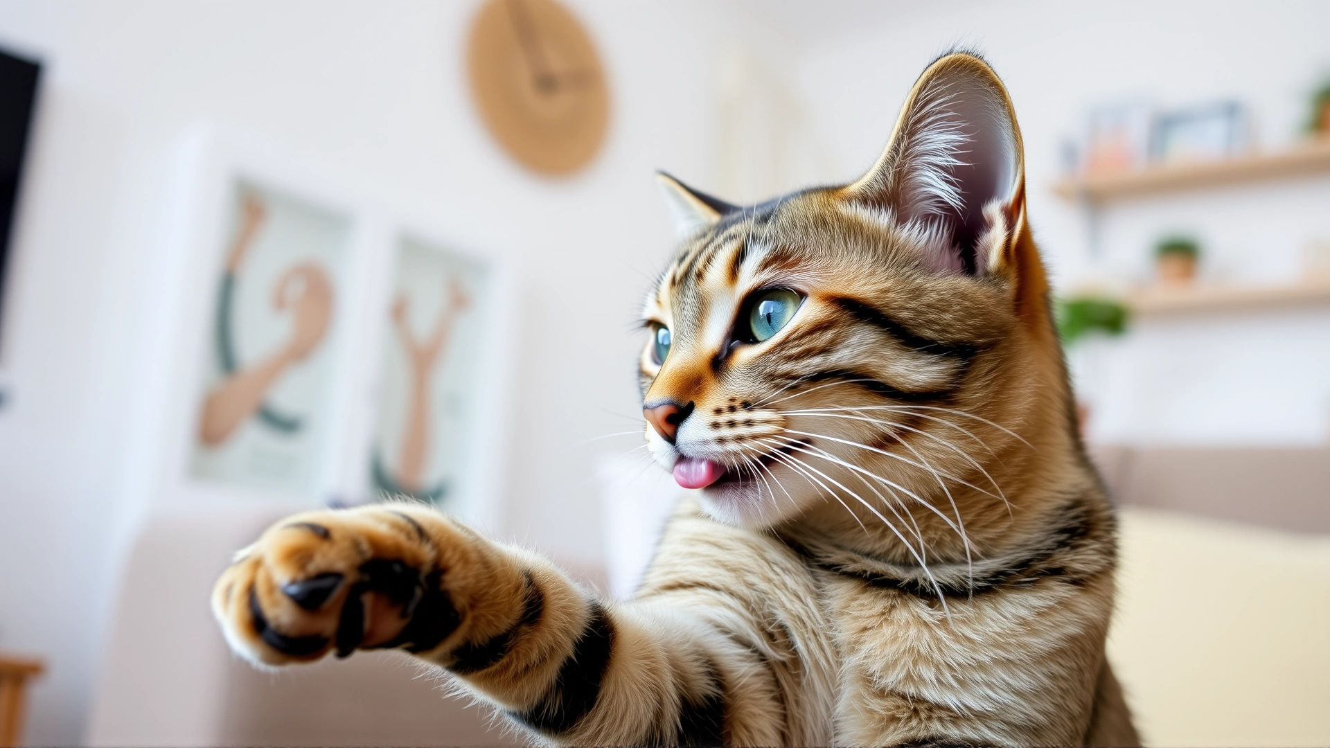 An indoor domestic short-haired tabby cat licking its paw in a relaxed posture, bright cozy living room, shallow depth of field.