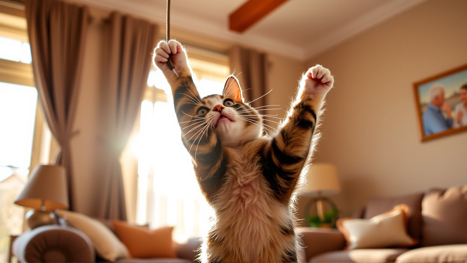A playful cat reaching for a dangling curtain cord in a sunlit living room, representing the need for home cat-proofing.