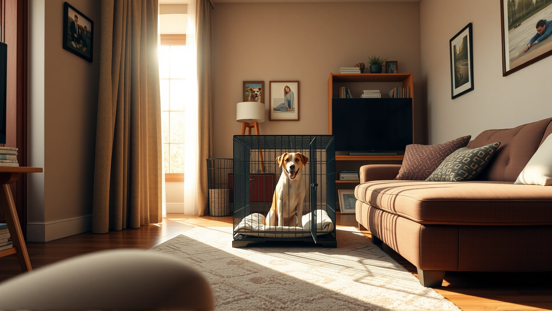 Wide-angle shot of a cozy living room with a central dog crate and a relaxed dog peeking out happily, daylight streaming through a window