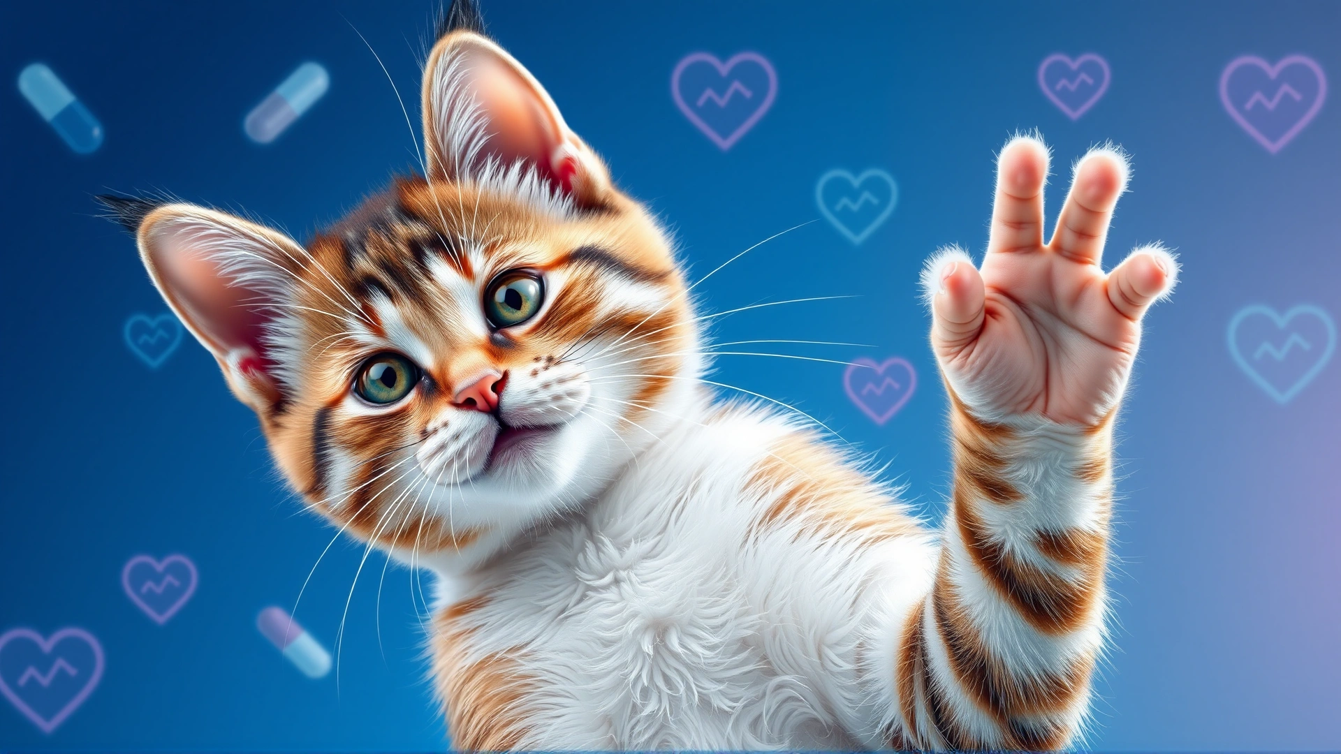 A playful young cat reaching up with its paw surrounded by subtle medical icons like capsules and hearts in the background, bright and dynamic composition, no text.