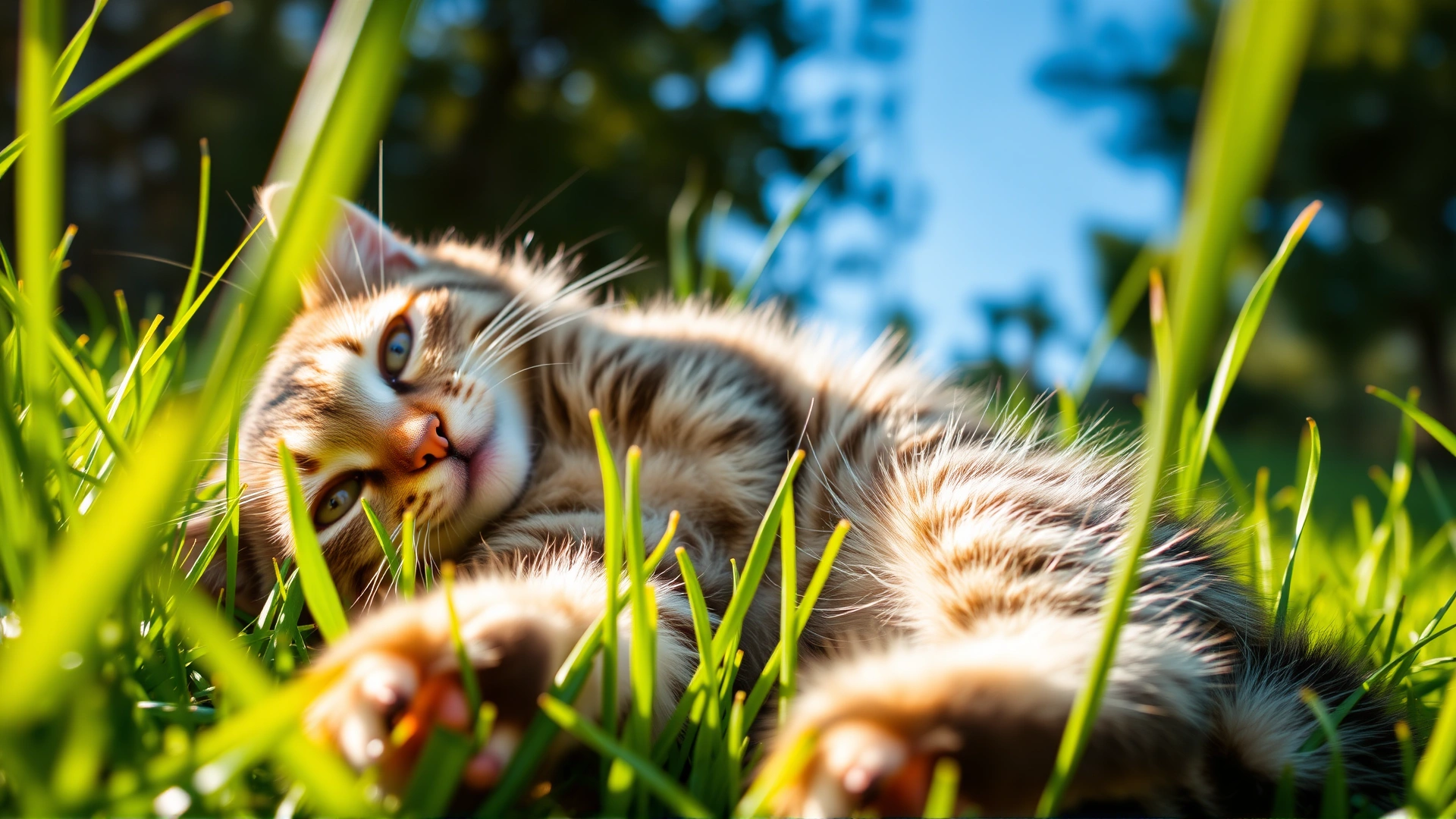 Wide angle shot of a playful tabby cat rolling in vibrant green grass under warm sunlight, symbolising freedom from fleas and a natural environment.