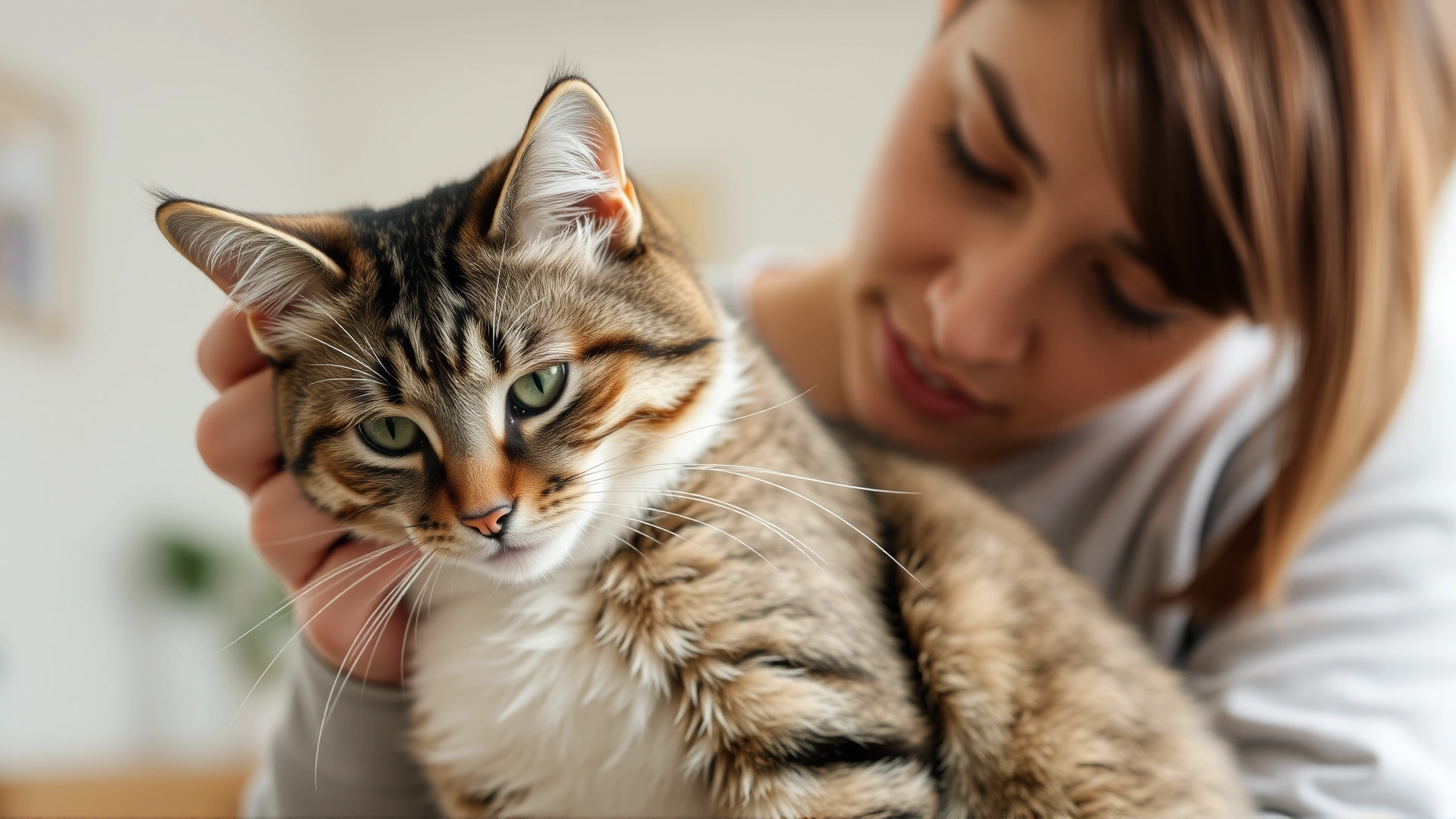 Close-up photo of a worried cat owner holding her tabby cat while looking at a small lump on the cat's side, natural daylight, indoor home setting.
