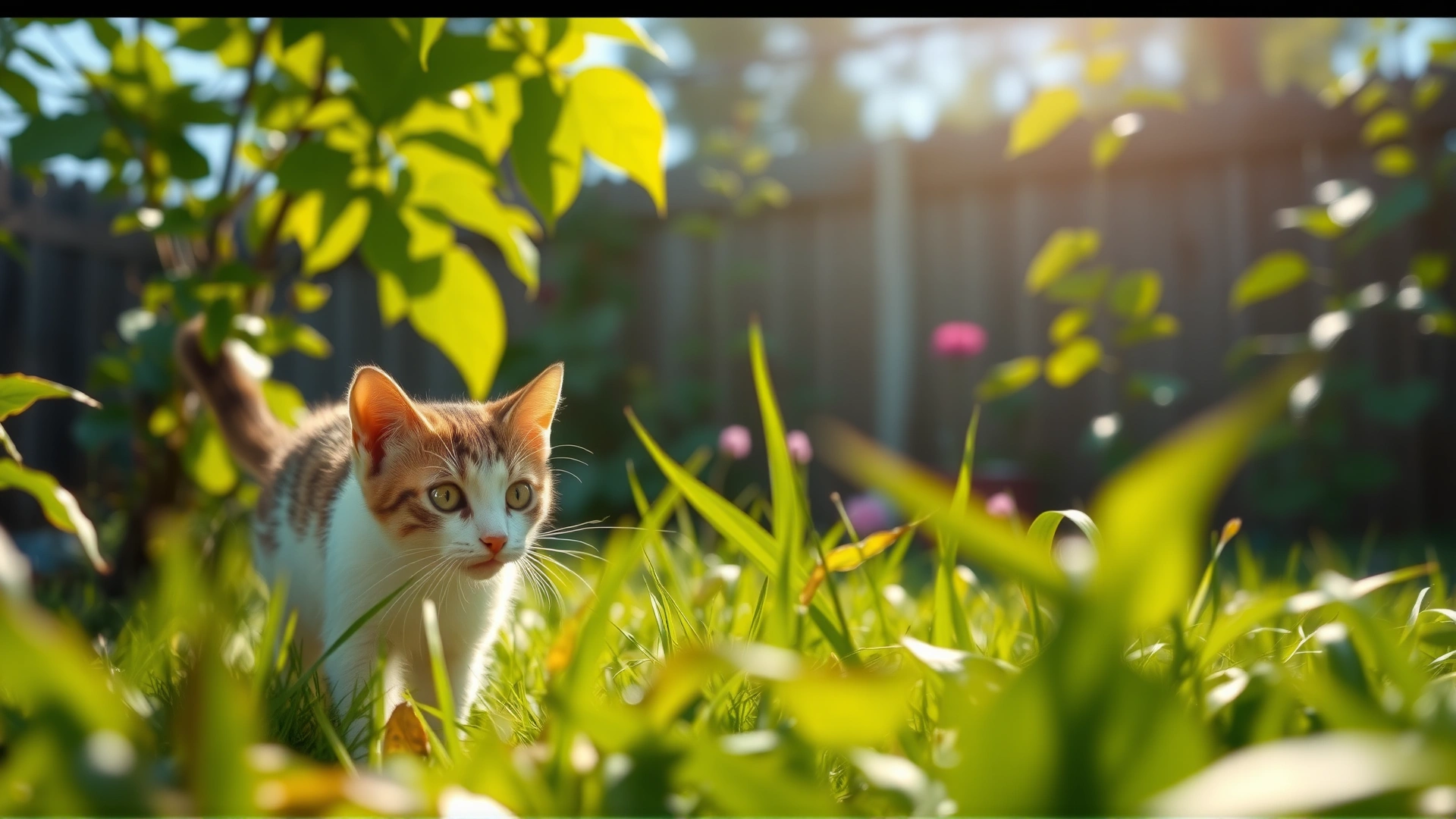 Wide shot of a curious cat exploring a backyard garden, sunlight filtering through leaves, vibrant colors, no text, cinematic feel.