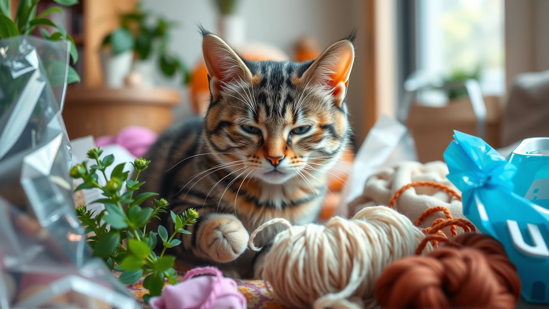 A playful tabby cat surrounded by various household items like plants, plastic bags, and yarn, sniffing them curiously in a cozy home setting.