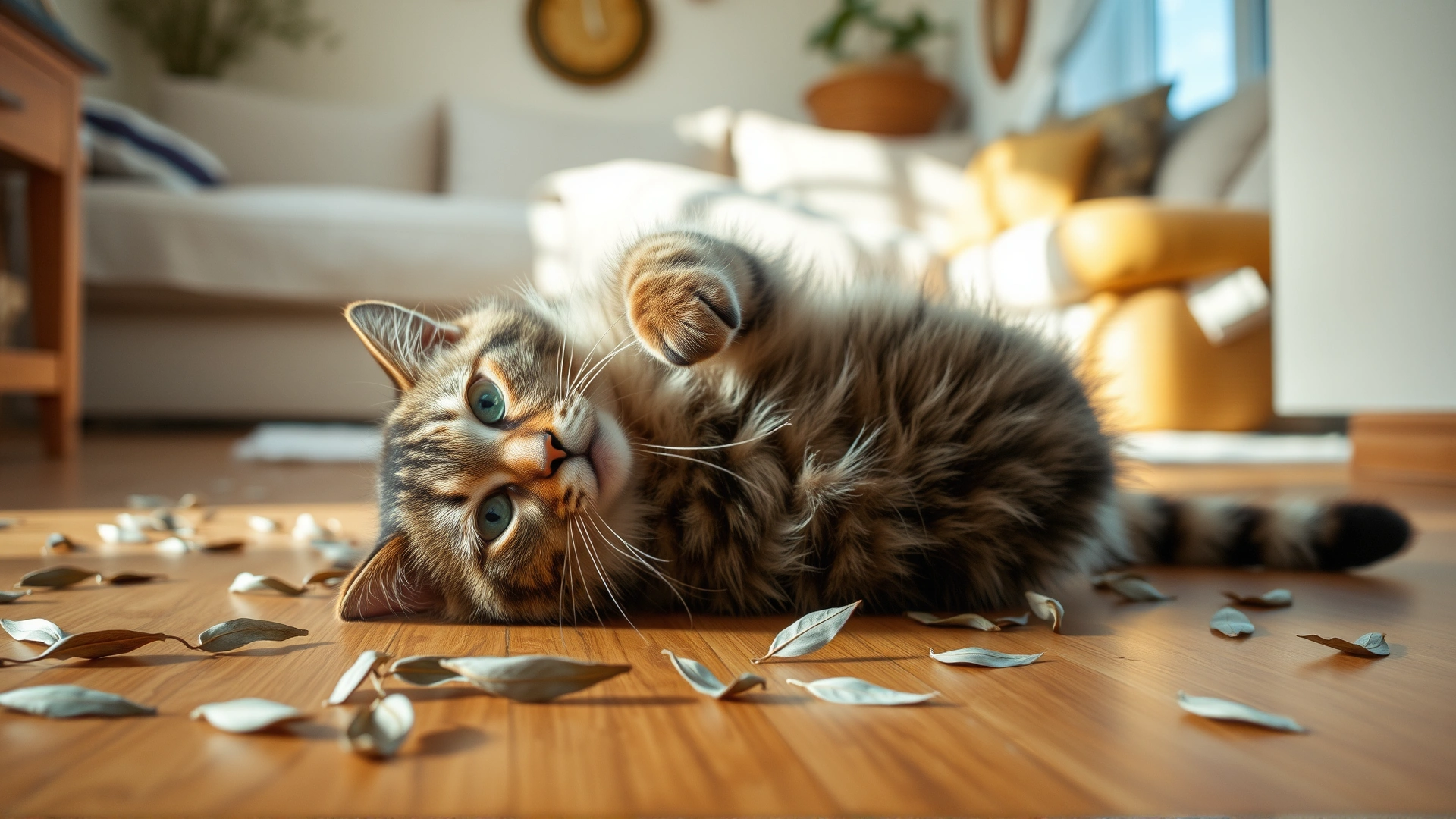 Wide shot of a tabby cat rolling joyfully on a hardwood floor with dried silver vine leaves scattered around, sunlit living-room background, cozy atmosphere.