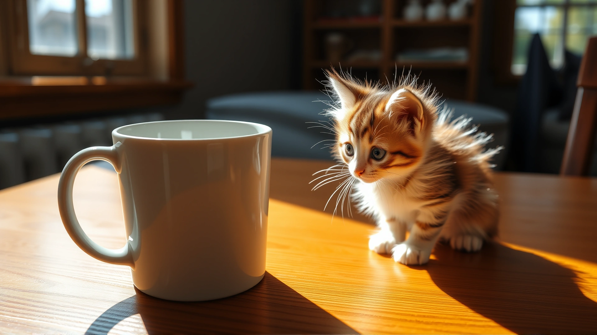 Wide-angle shot of a small kitten next to a standard-sized coffee mug on a wooden table, daylight coming through a window, to visually introduce the size comparison.