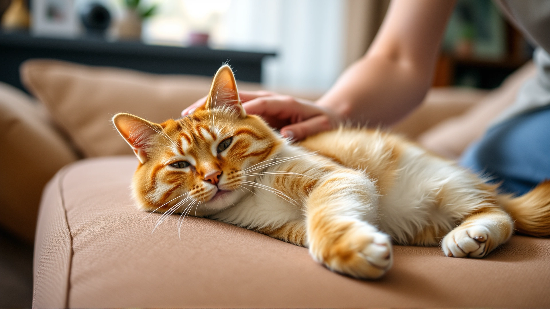 Wide horizontal shot of a relaxed cat lying on a sofa while its owner gently brushes its back, cozy living-room ambiance, no text on image.