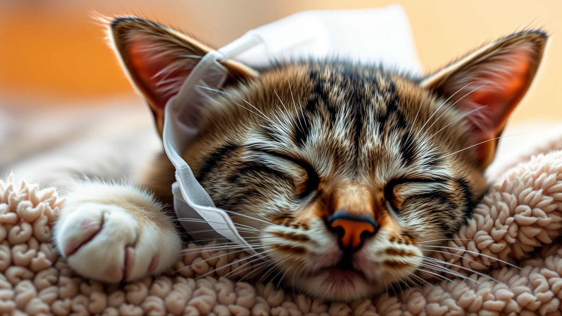 Close-up of a sleepy female cat with a soft surgical collar resting on a plush blanket; soft focus and warm tones; introduces post-spay care theme.
