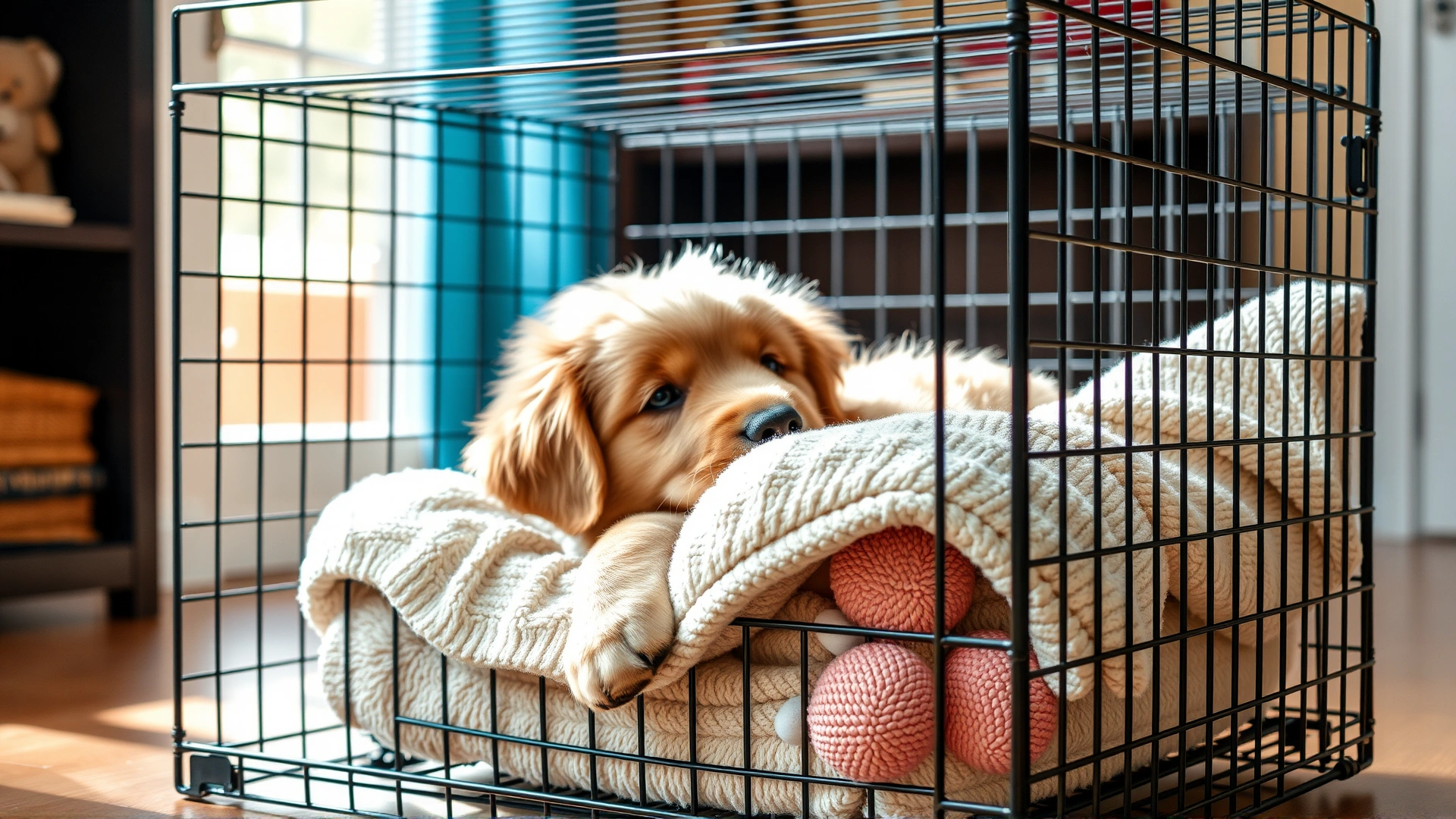 Cute golden retriever puppy lying comfortably inside a wire crate with a soft blanket and toys, bright natural lighting, cozy home interior