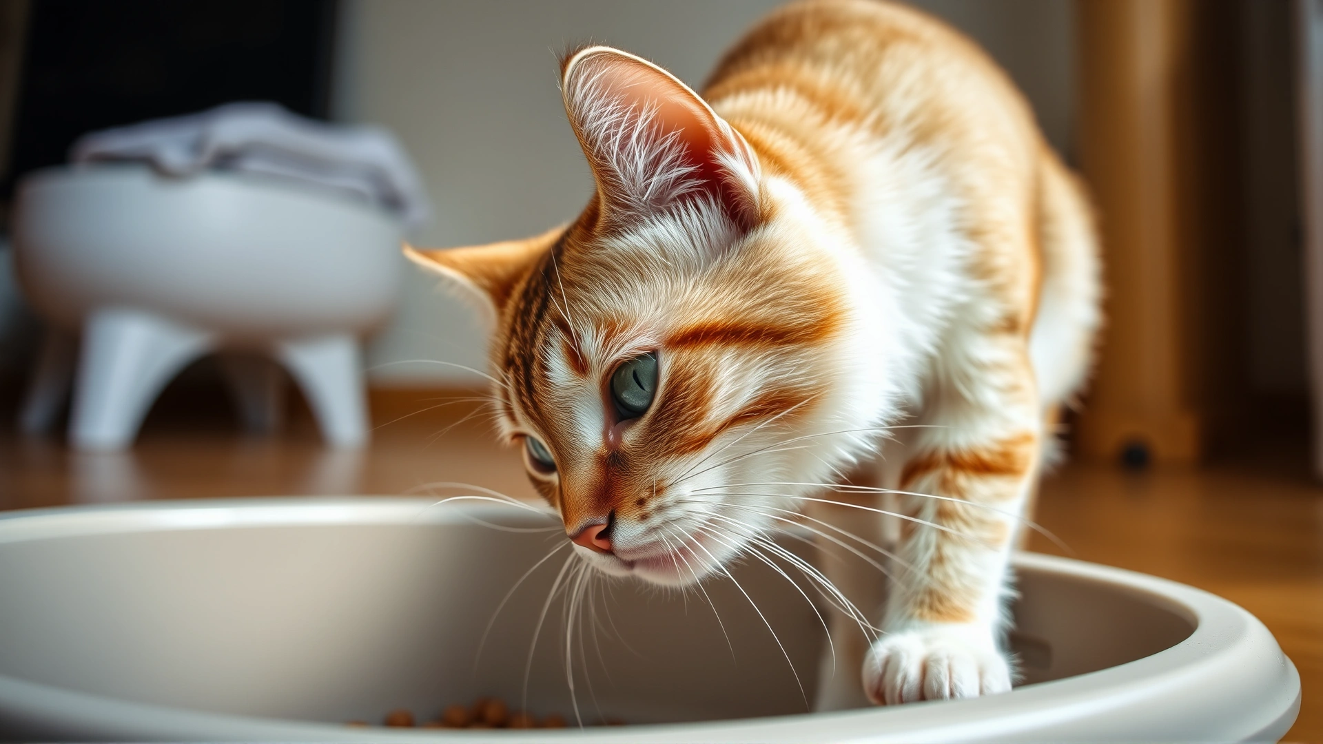 Close-up of a curious house cat sniffing a spotless litter box, soft natural lighting, horizontal composition, editorial style.