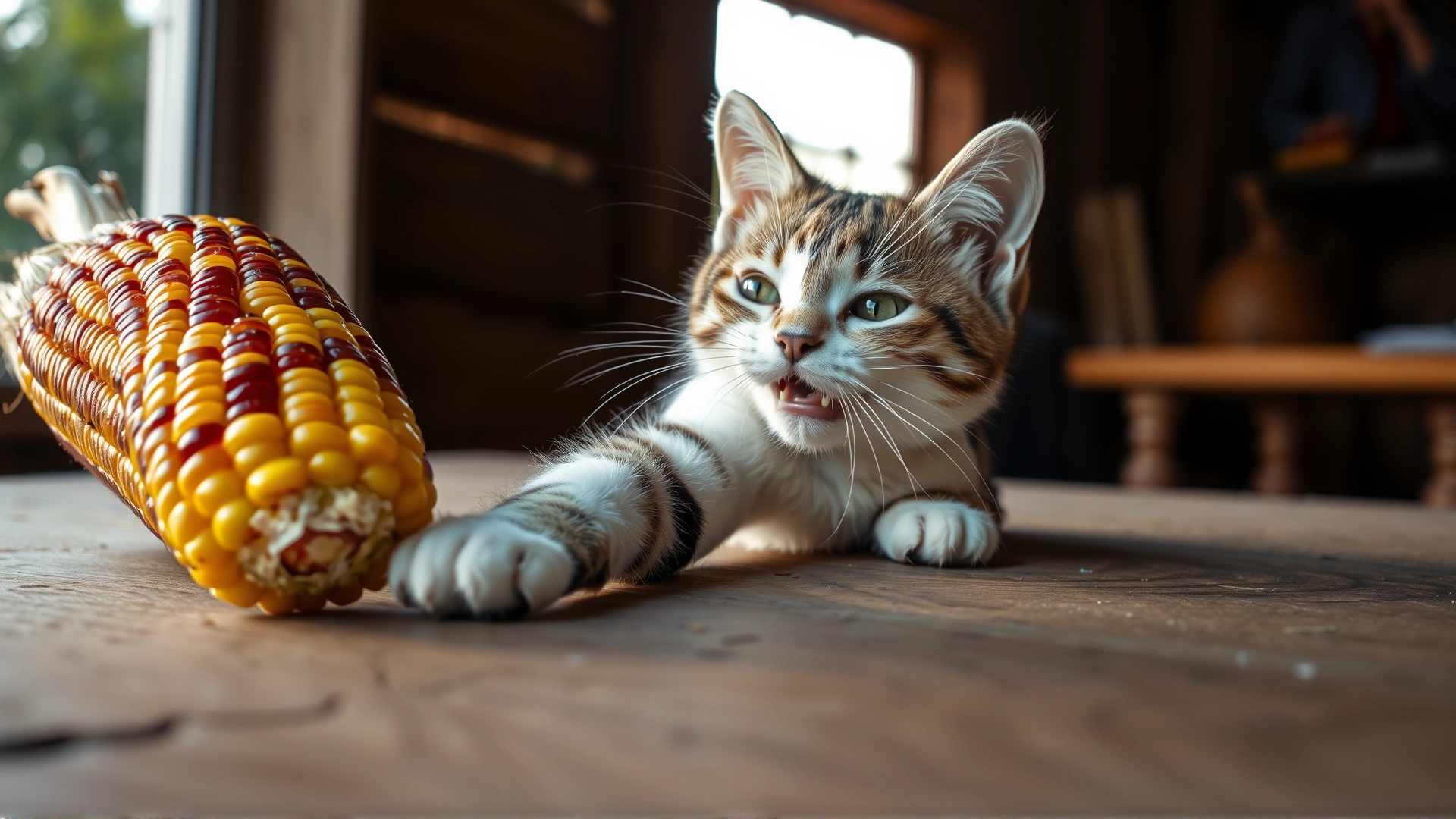 Close-up of a playful cat reaching toward a freshly cooked corn cob on a rustic wooden table, warm evening light