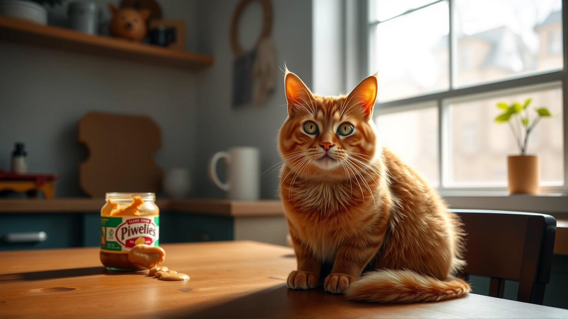 Wide-angle shot of an orange tabby cat sitting on a wooden table with an open jar of peanut butter nearby, soft morning light coming through a window, cozy kitchen atmosphere, no text