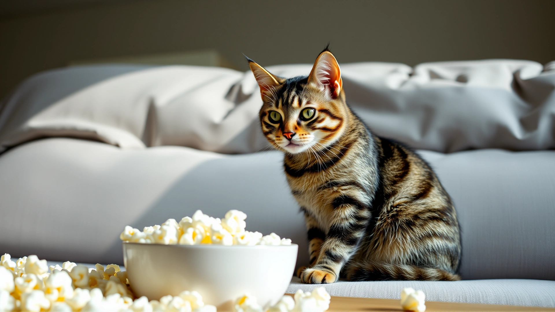 Domestic short-haired tabby cat sitting next to a bowl of air-popped popcorn on a cozy living-room sofa, bright natural lighting, no text