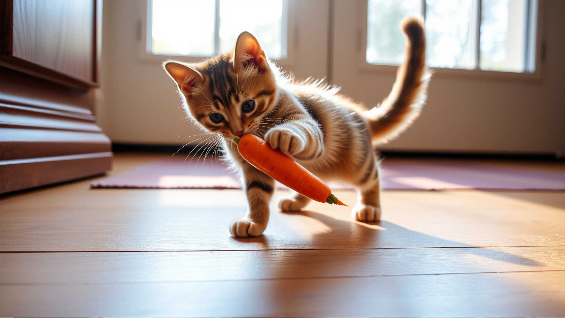 Playful young cat batting a bright orange carrot on a wooden floor, sunlight streaming through a window, warm and inviting atmosphere, high-resolution pet lifestyle photo.