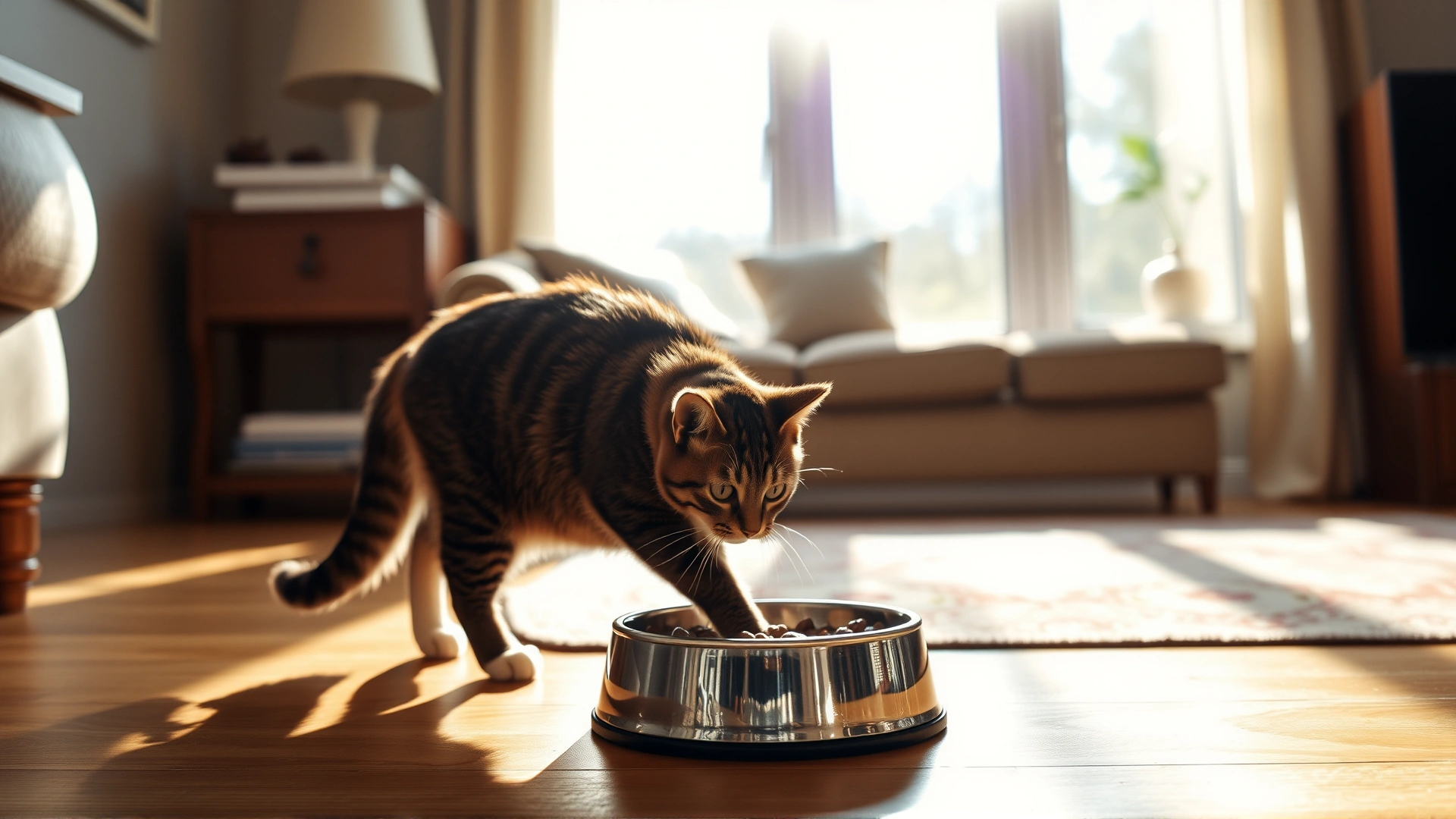 A cozy living-room scene with a cat walking toward its food bowl while warm sunlight streams through the window, emphasizing the role of home environment in feeding.