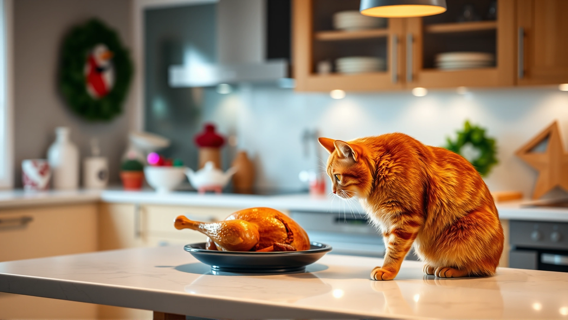 Wide angle shot of a modern kitchen during the holidays with a ginger cat perched on the countertop sniffing a freshly roasted turkey, colorful bokeh lights in the background, high resolution, natural lighting