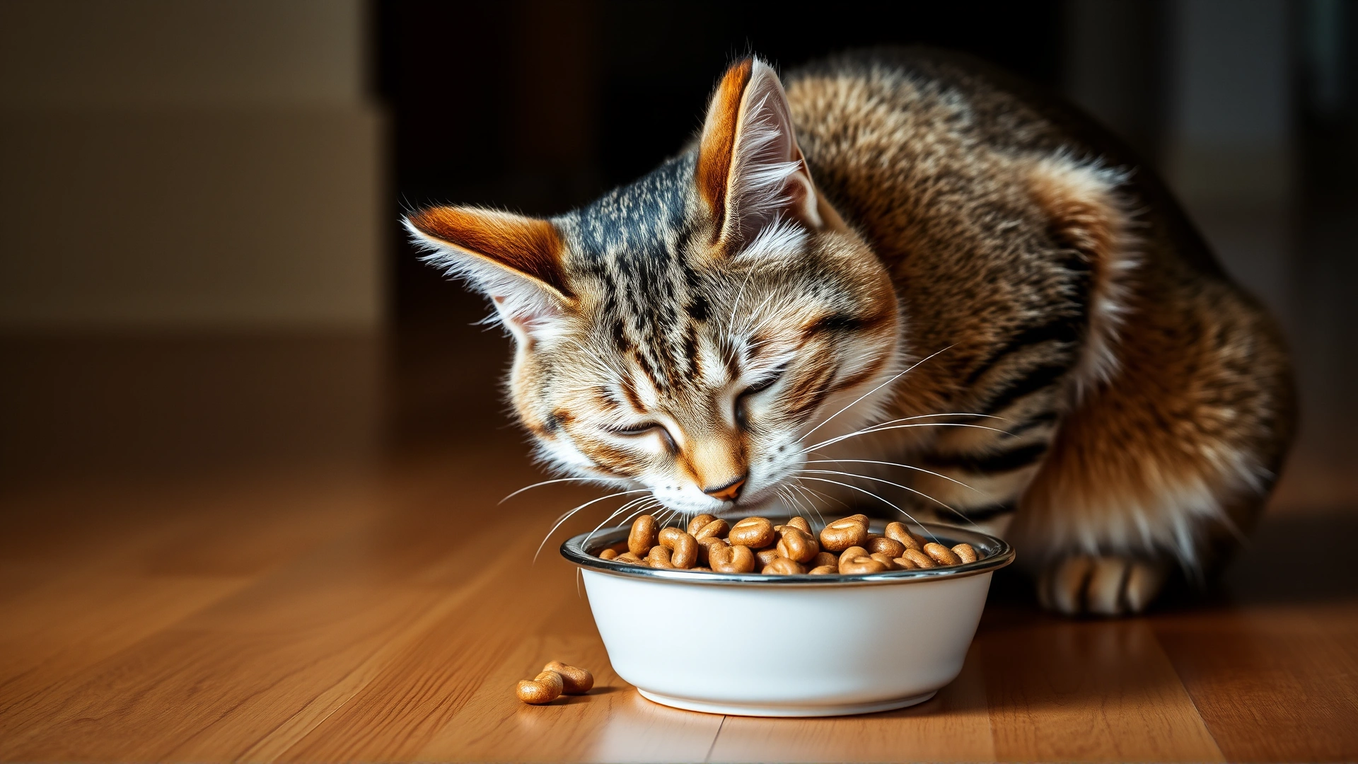 Wide banner shot of a healthy-looking senior cat gazing at its food bowl, sunlit living room background, inviting and warm tones