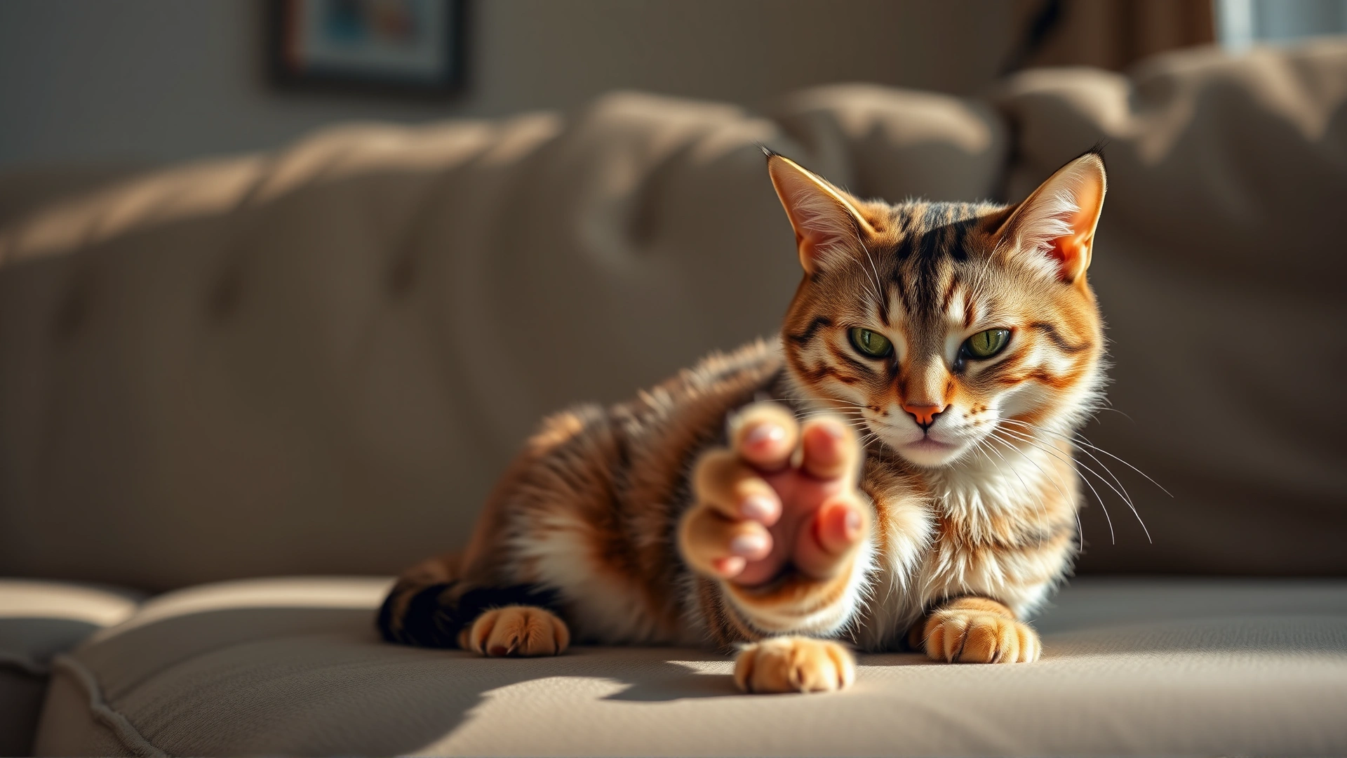 Portrait of a calm domestic cat sitting on a living-room sofa, stretching one paw forward with claws semi-extended, warm natural lighting.