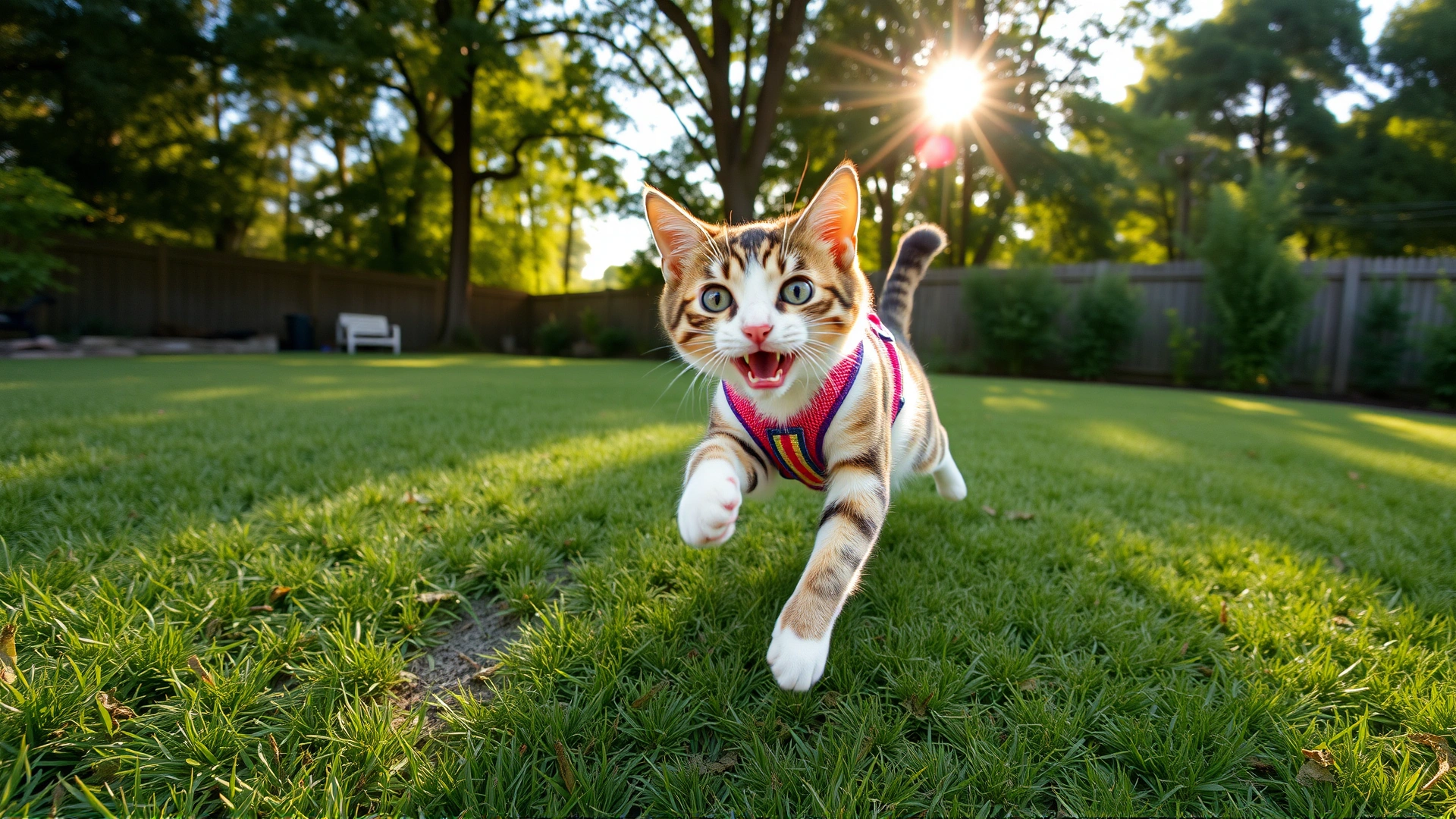 Wide-angle shot of a playful tabby cat leaping across a backyard lawn with a colorful harness, morning sunlight streaming through trees — captures the excitement of safe outdoor exploration.