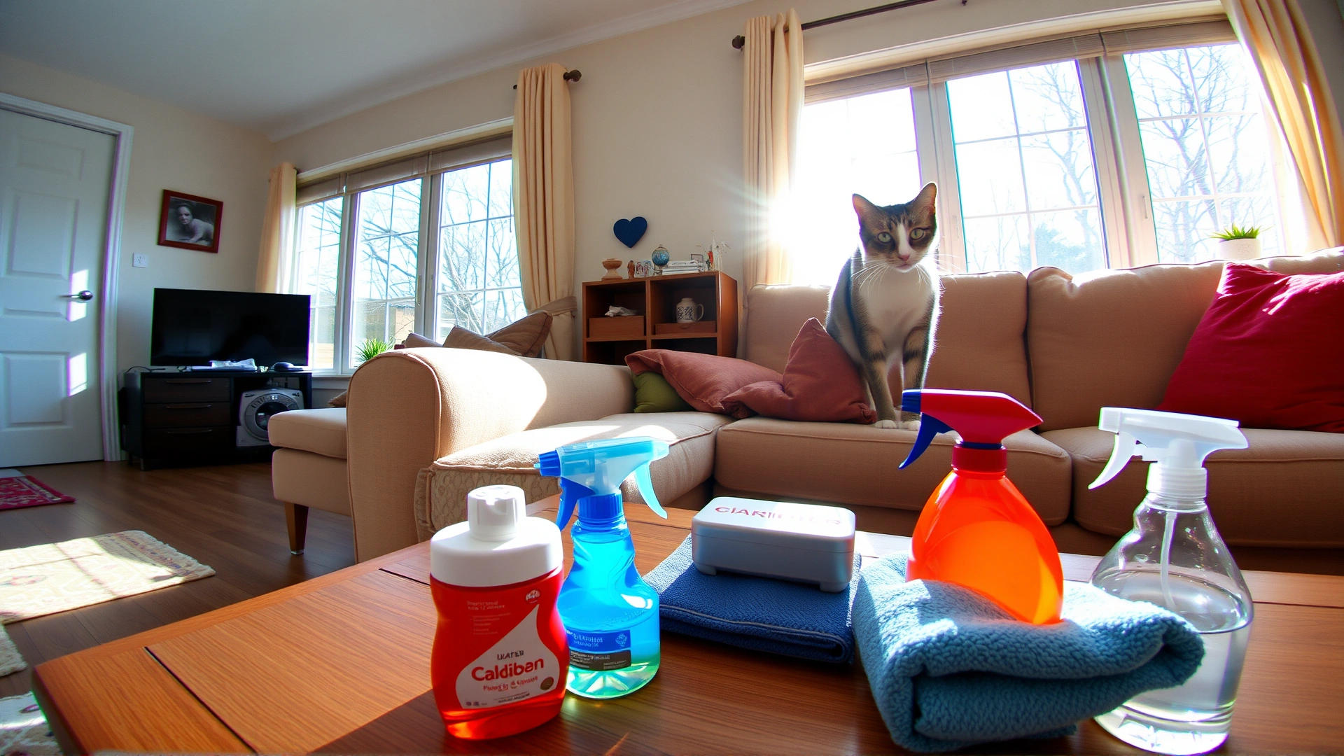 Wide-angle shot of a cozy living room with sunlight streaming through windows, a cat perched on a sofa armrest, and cleaning supplies on a coffee table in the foreground, conveying the theme of household cleaning around pets