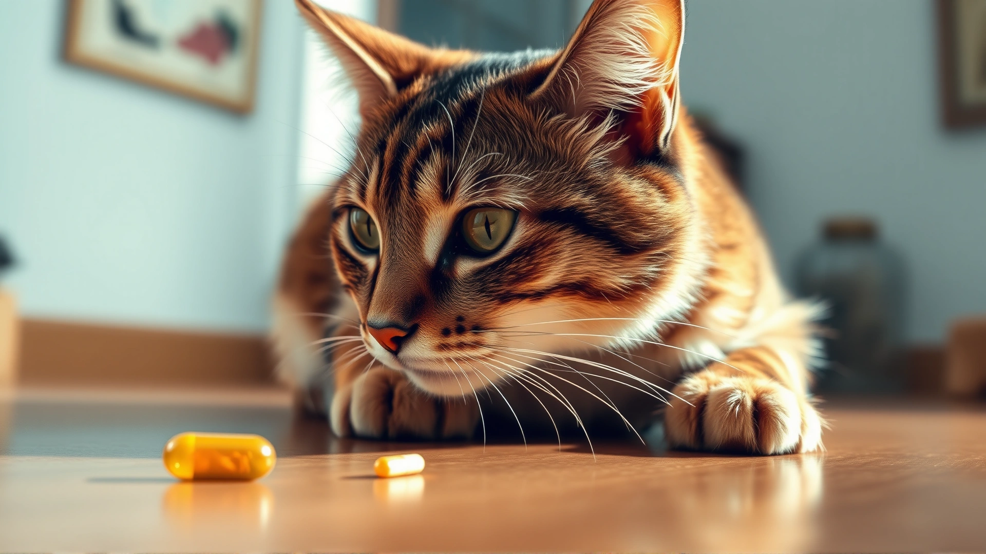 Close-up of a curious cat looking at a fallen vitamin pill on the floor, soft focus background, warm indoor lighting
