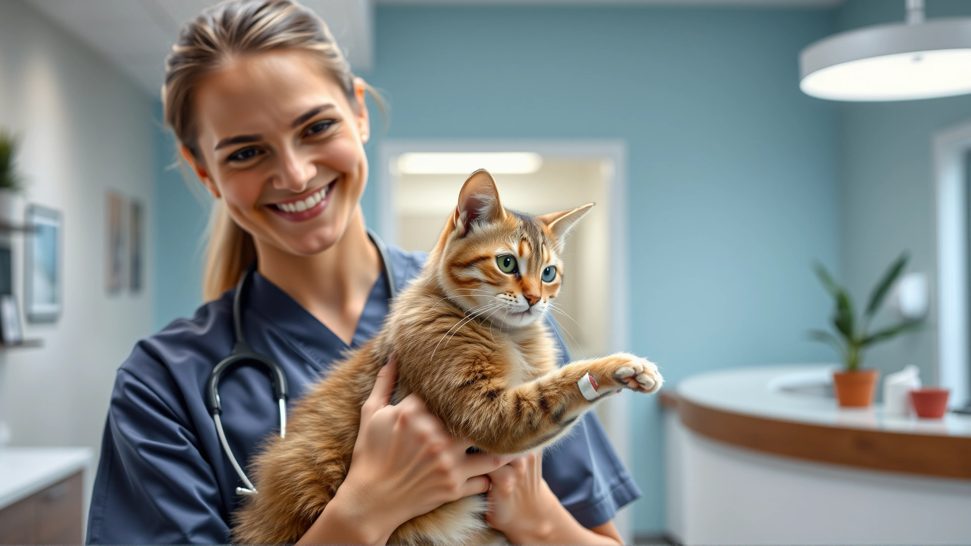 Veterinarian smiling while gently holding a cat with a partially bandaged tail in a well-lit modern clinic reception.