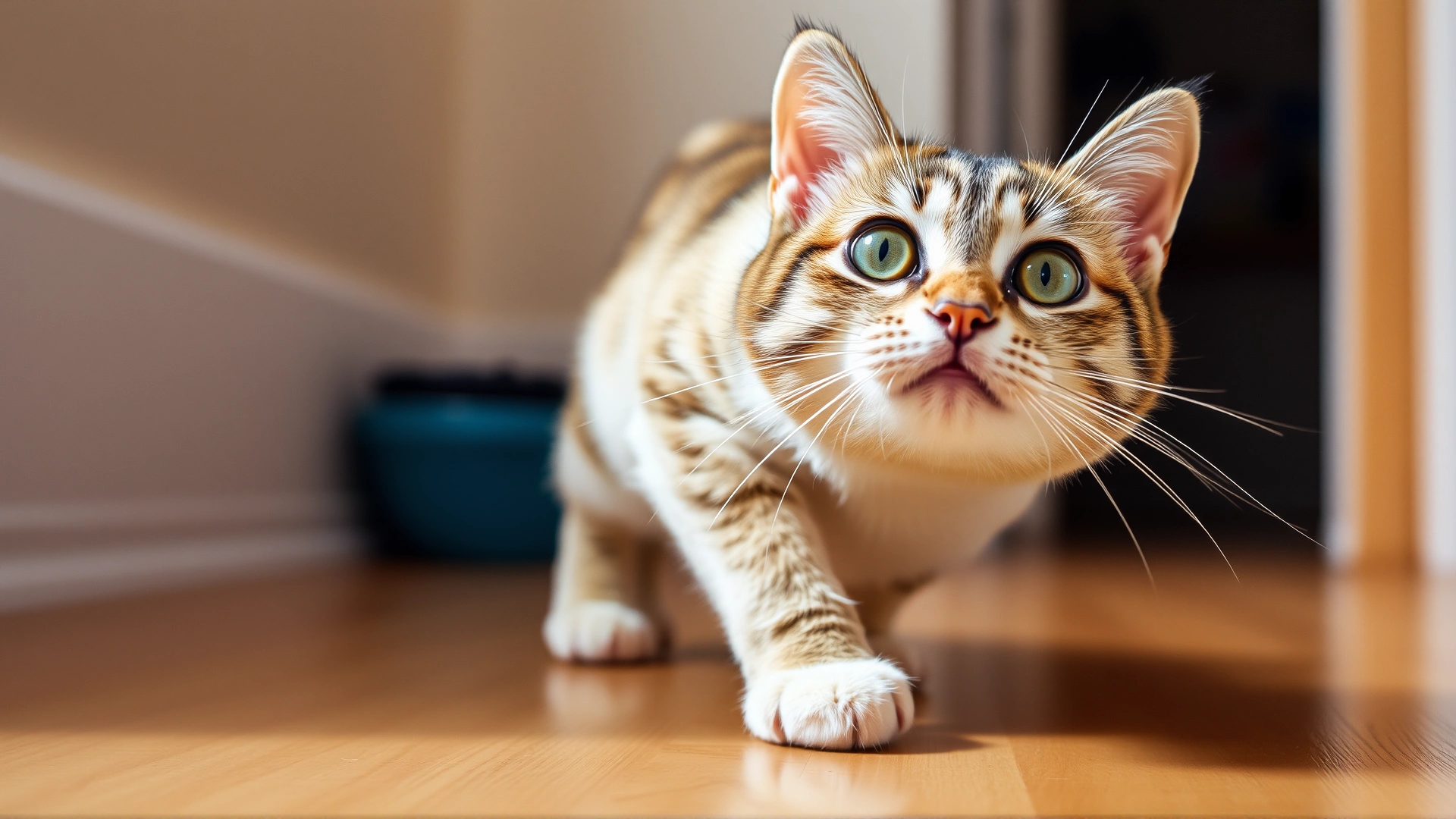 Close-up of a curious cat looking up while slightly off balance, captured mid-step on a light hardwood floor with soft natural lighting.