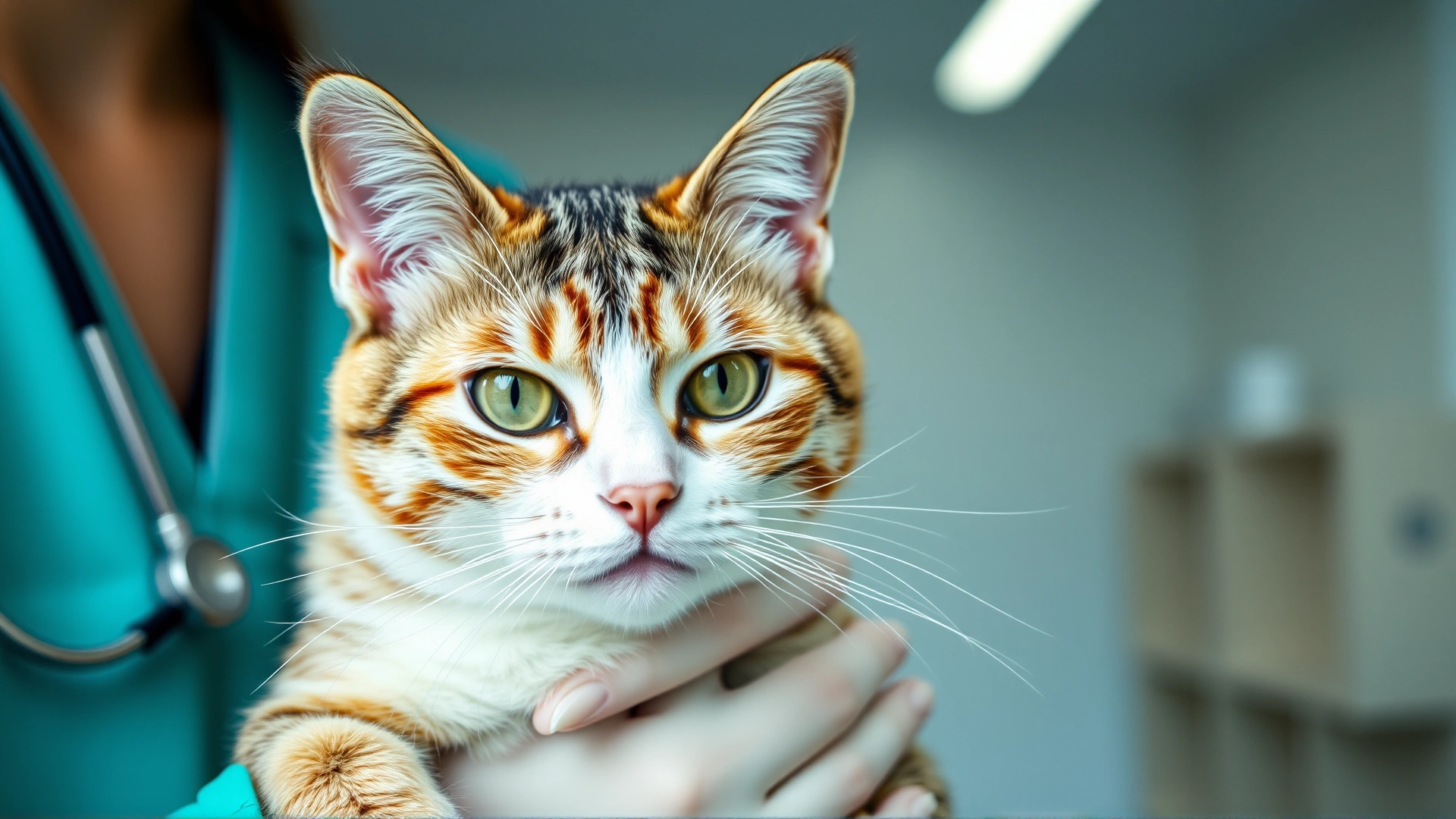Close-up photo of a concerned-looking domestic short-haired cat being gently held by a veterinarian in a bright, modern clinic, with a stethoscope visible.