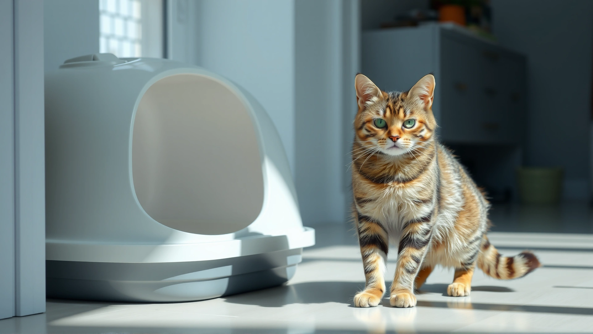 Worried tabby cat standing beside a clean litter box in a bright room; the environment feels calm yet hints at concern