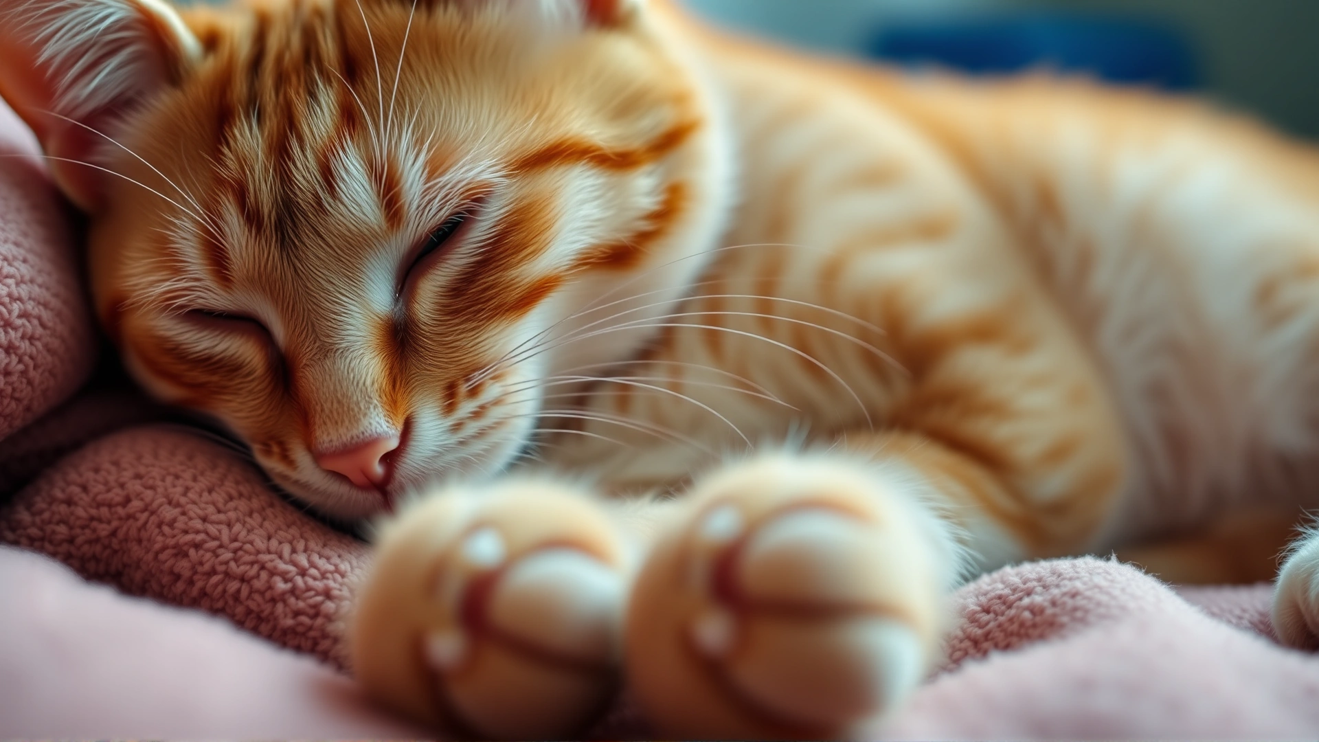 Close-up of an orange tabby cat lying comfortably on a soft blanket, with subtle focus on a small bump visible under its fur; warm natural lighting; shallow depth of field