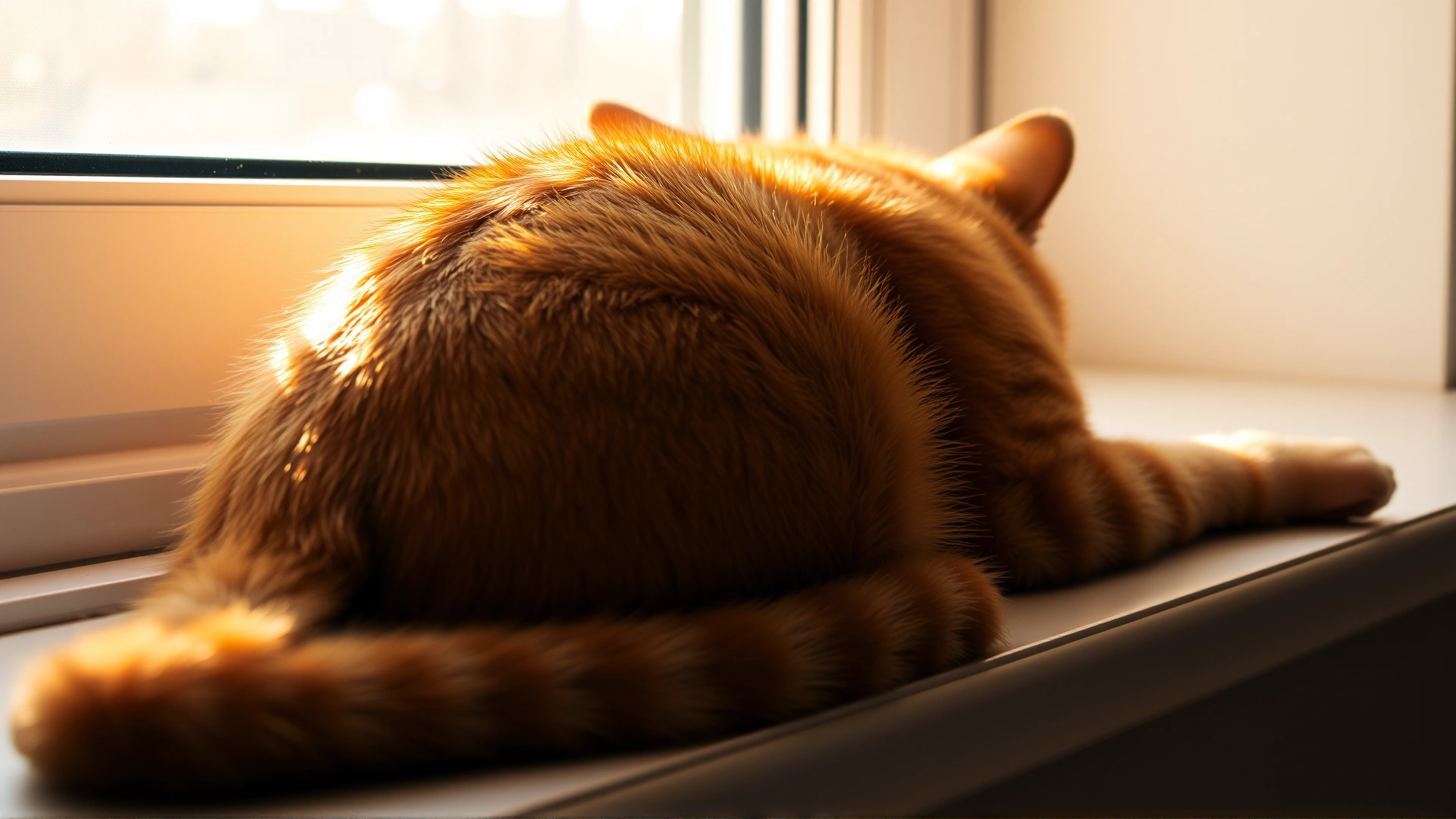 A relaxed orange tabby cat lying on a windowsill with sunlight highlighting mild dandruff flakes on its back, cozy home environment, warm tones, high-quality photo.