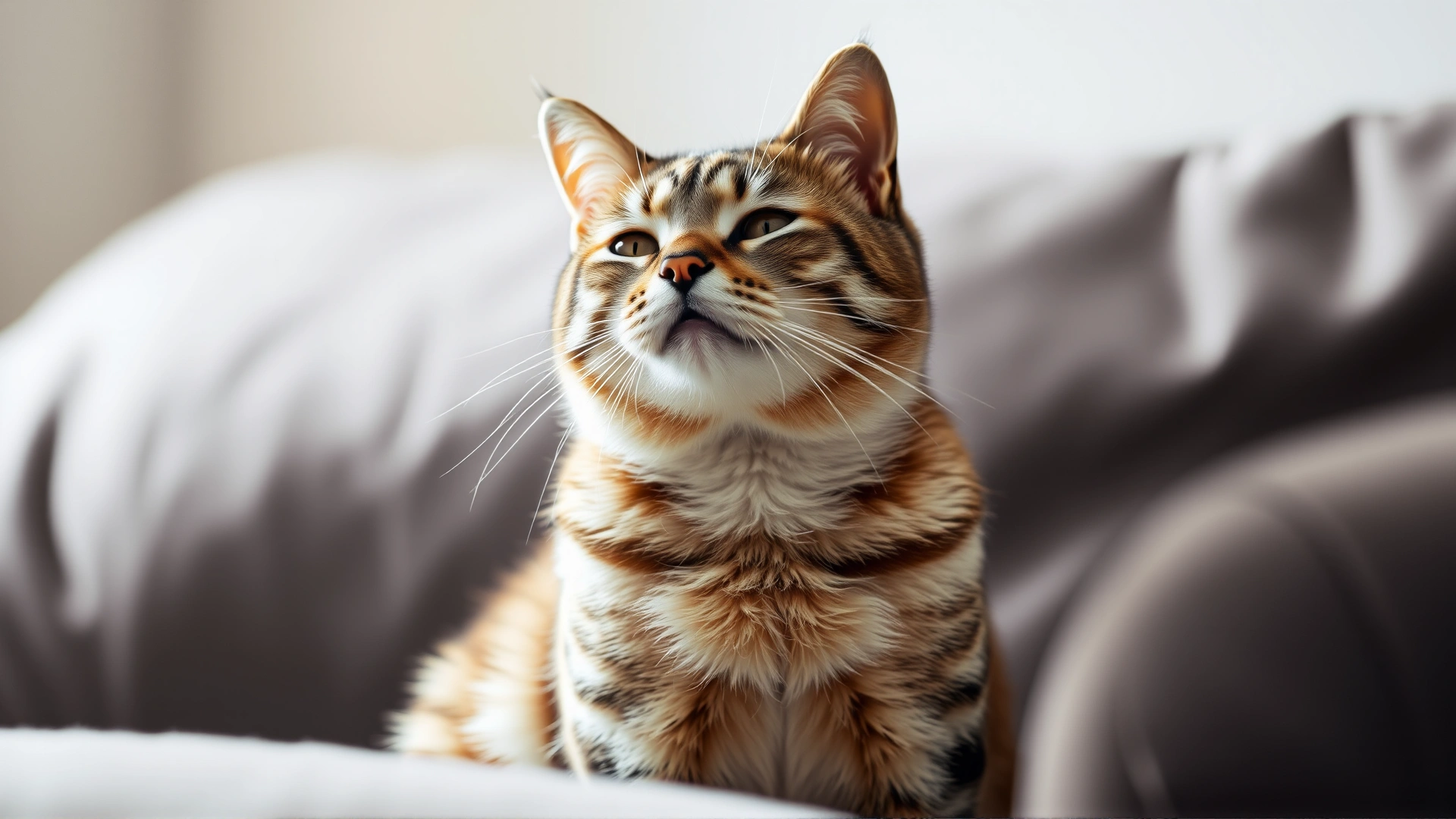 Cat sitting calmly on a couch while a subtle light highlights its face, capturing a moment of quiet breathing and setting a reassuring tone for the article.