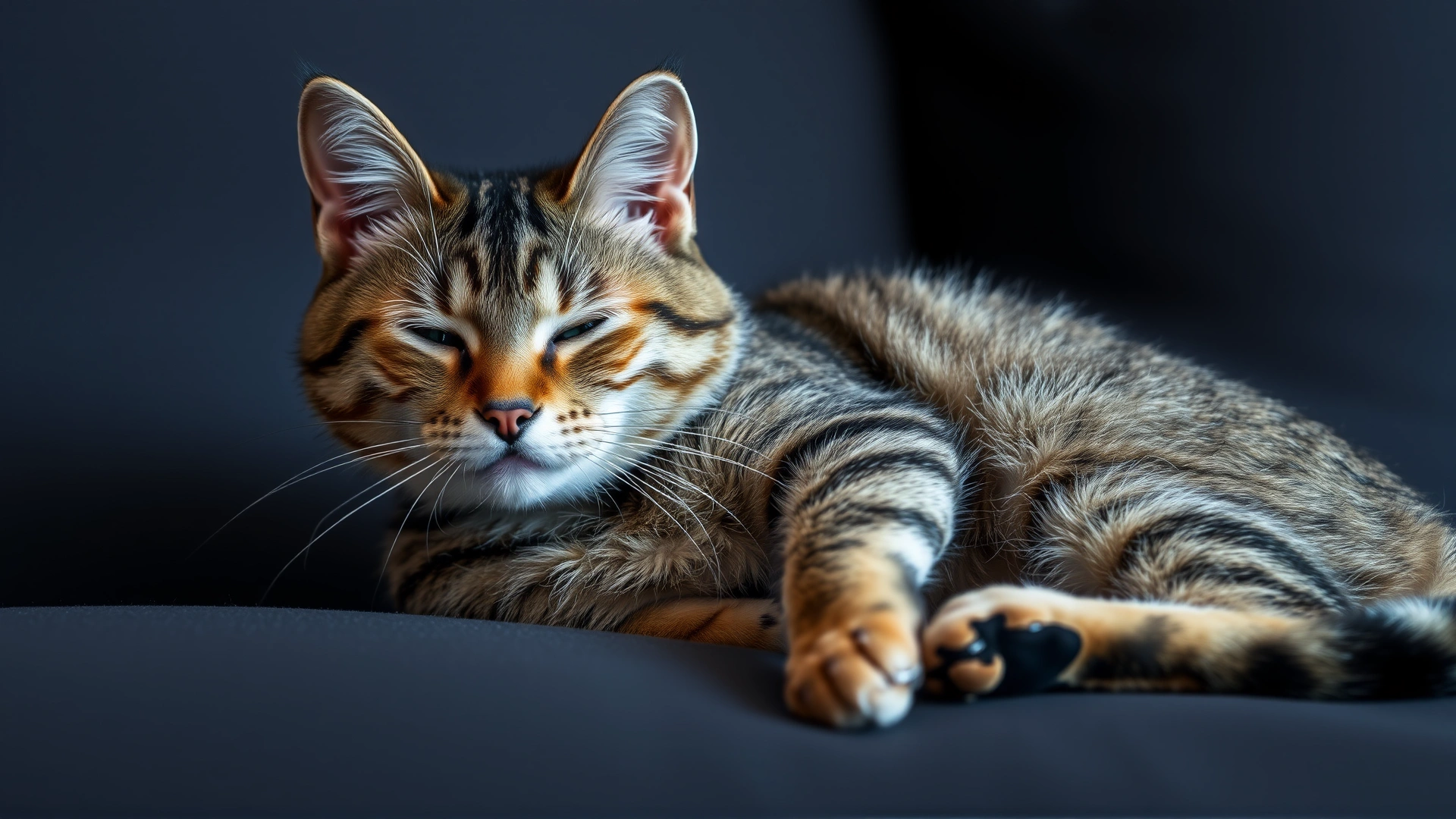 A calm-looking domestic shorthair cat lying on a couch, breathing normally, with subtle blurred background.
