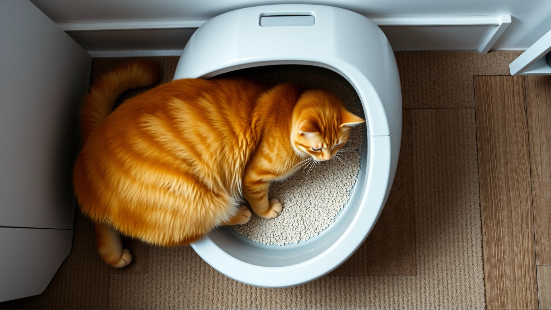 An overhead shot of a relaxed orange tabby cat using a clean litter box with visible fresh litter, photographed in a well-lit room.