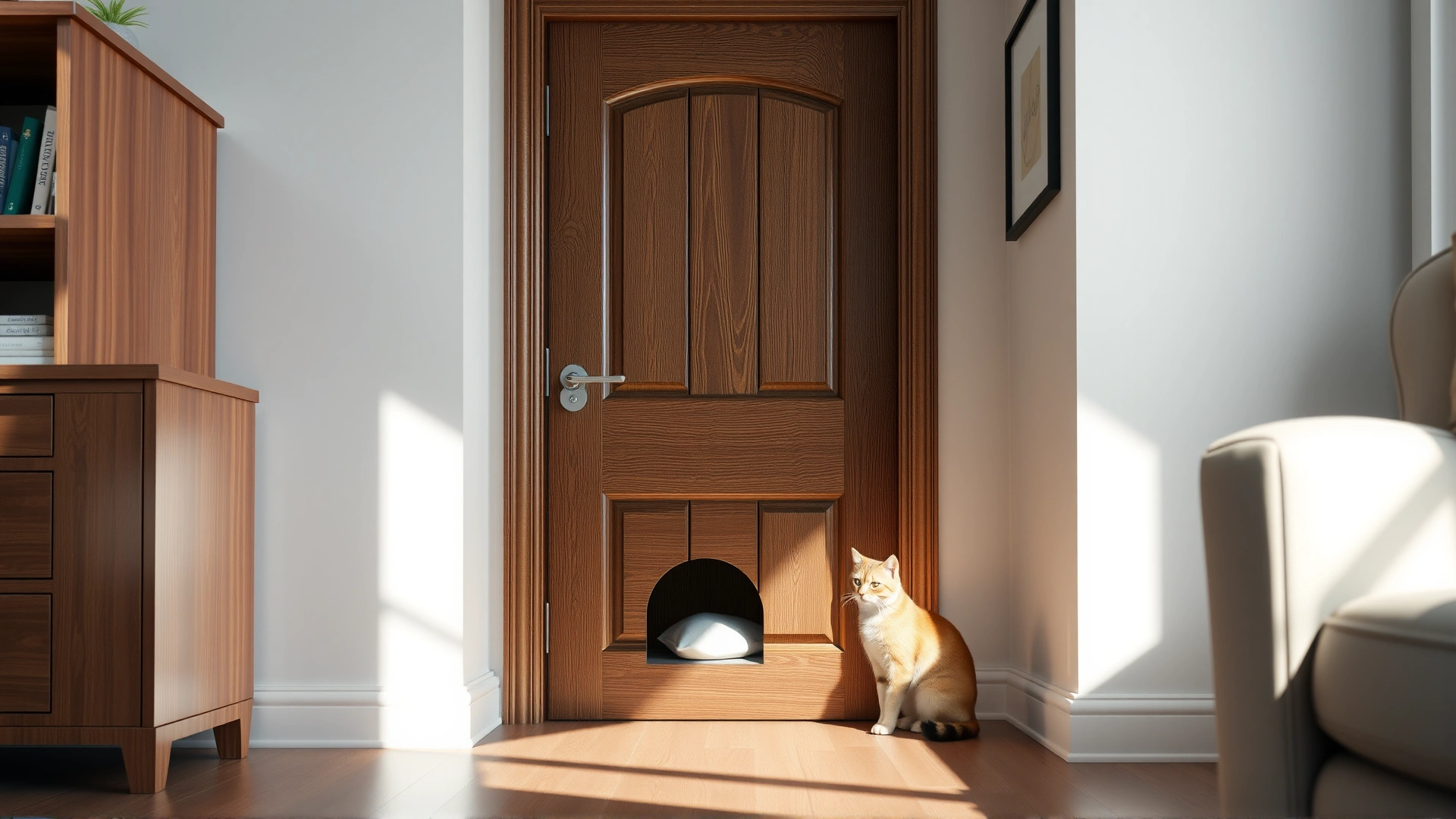 Wide-angle shot of a stylish living room interior with a wooden door featuring a small cat door at the bottom, a relaxed cat sitting beside it, natural daylight filling the room