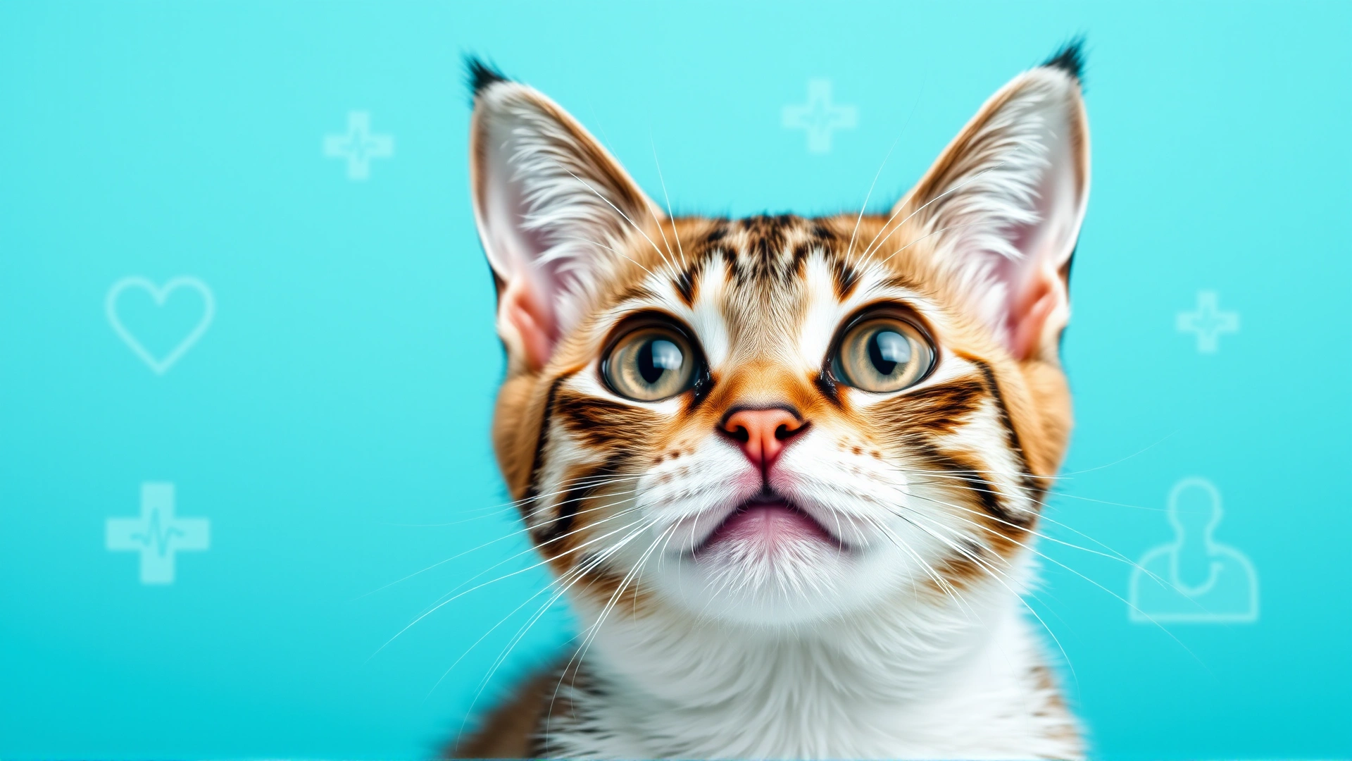 Close-up of an alert domestic cat with wide eyes, sitting in front of a turquoise background with subtle medical icons, symbolizing cat health. No text.
