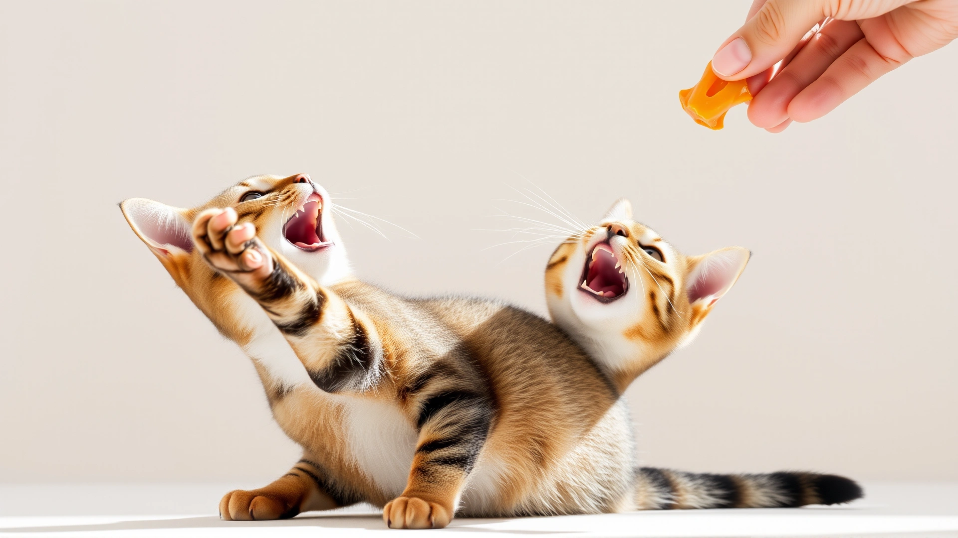 Wide image of a playful tabby cat reaching for a treat held above its head, on a neutral background with bright lighting.