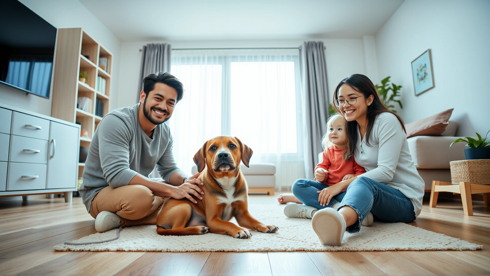 Wide-angle shot of a happy family (parents and two kids) sitting on the floor of their living room with a friendly dog in the center; bright and airy atmosphere; no text