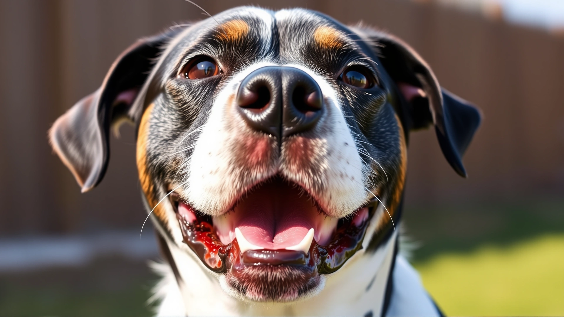 Close-up of a smiling medium-sized dog with vitiligo showing white facial patches, outdoors in soft sunlight.
