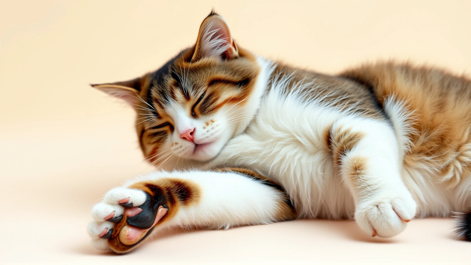Wide horizontal banner of a relaxed domestic cat lying on its side but lifting a hind leg to scratch, soft pastel background, high resolution, inviting atmosphere.