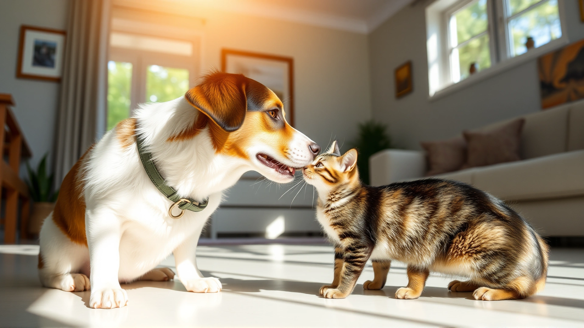 Bright, airy living room with a friendly dog touching noses with a curious cat; sun rays highlighting their first meeting.