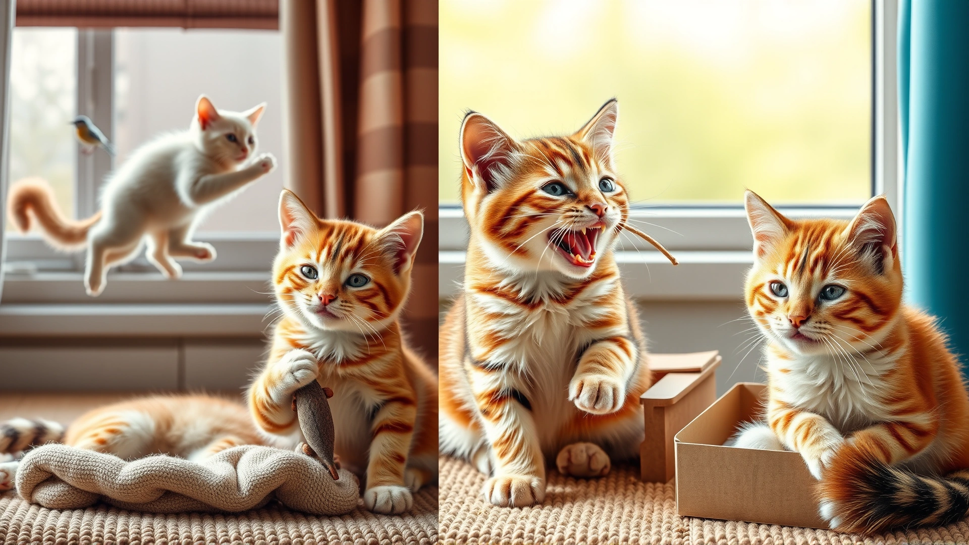 Playful collage of five different cats each exhibiting a unique quirky behavior: one cat mid-zoomie run, one chattering at a window bird, another kneading a blanket, one carrying a mouse toy in mouth, and one curled in a small box; bright and cheerful color grading.