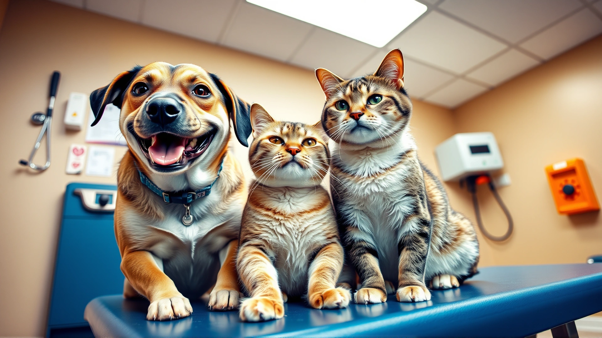 Wide-angle shot of a happy mid-sized dog and a senior cat sitting side by side on a veterinary examination table, with a stethoscope and thyroid test kit visible in the background, bright clinic setting