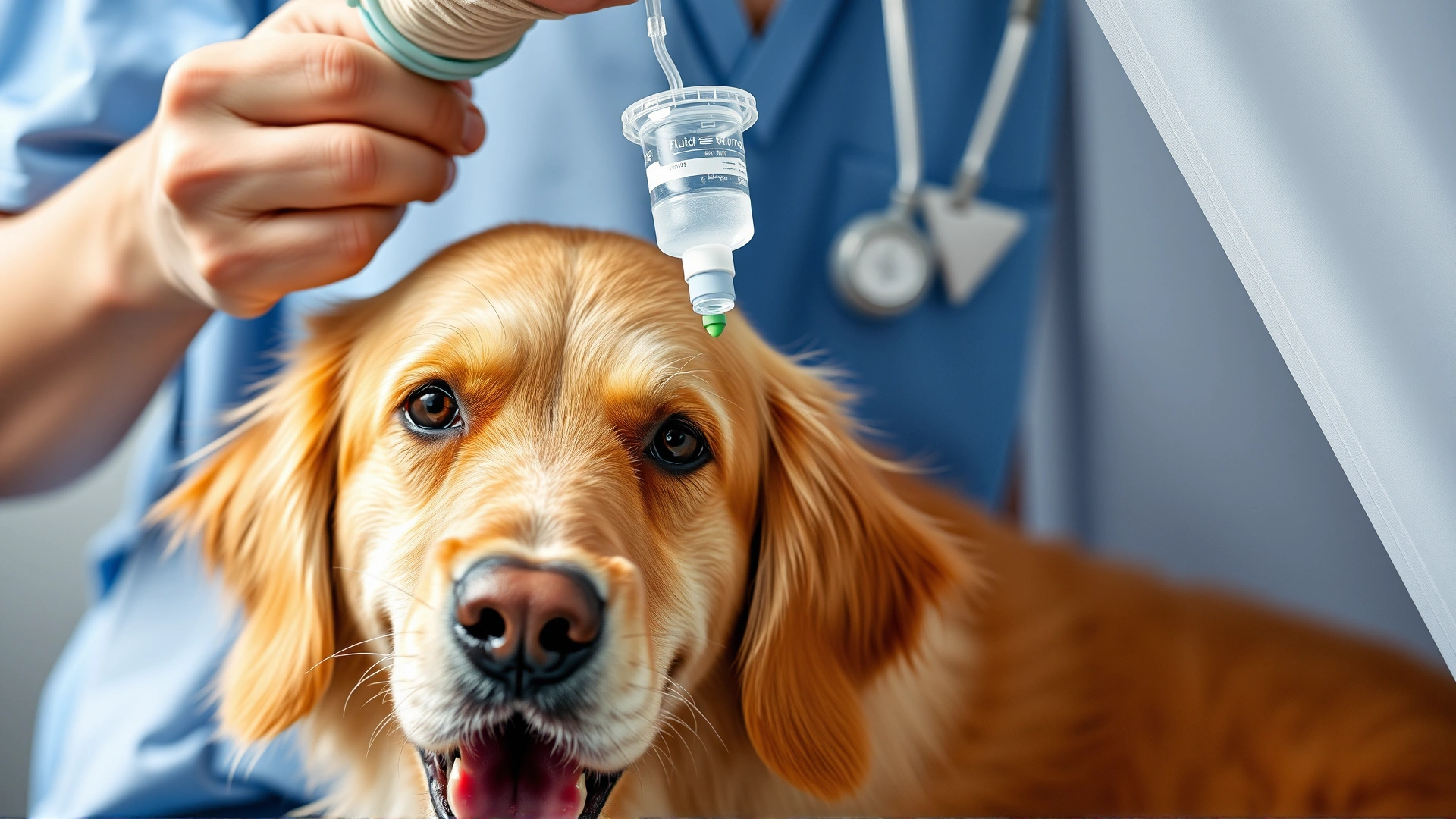 Close-up of a veterinarian gently lifting the scruff of a golden retriever to form a tent while holding a fluid bag overhead, illustrating the subcutaneous fluid technique, bright and friendly atmosphere