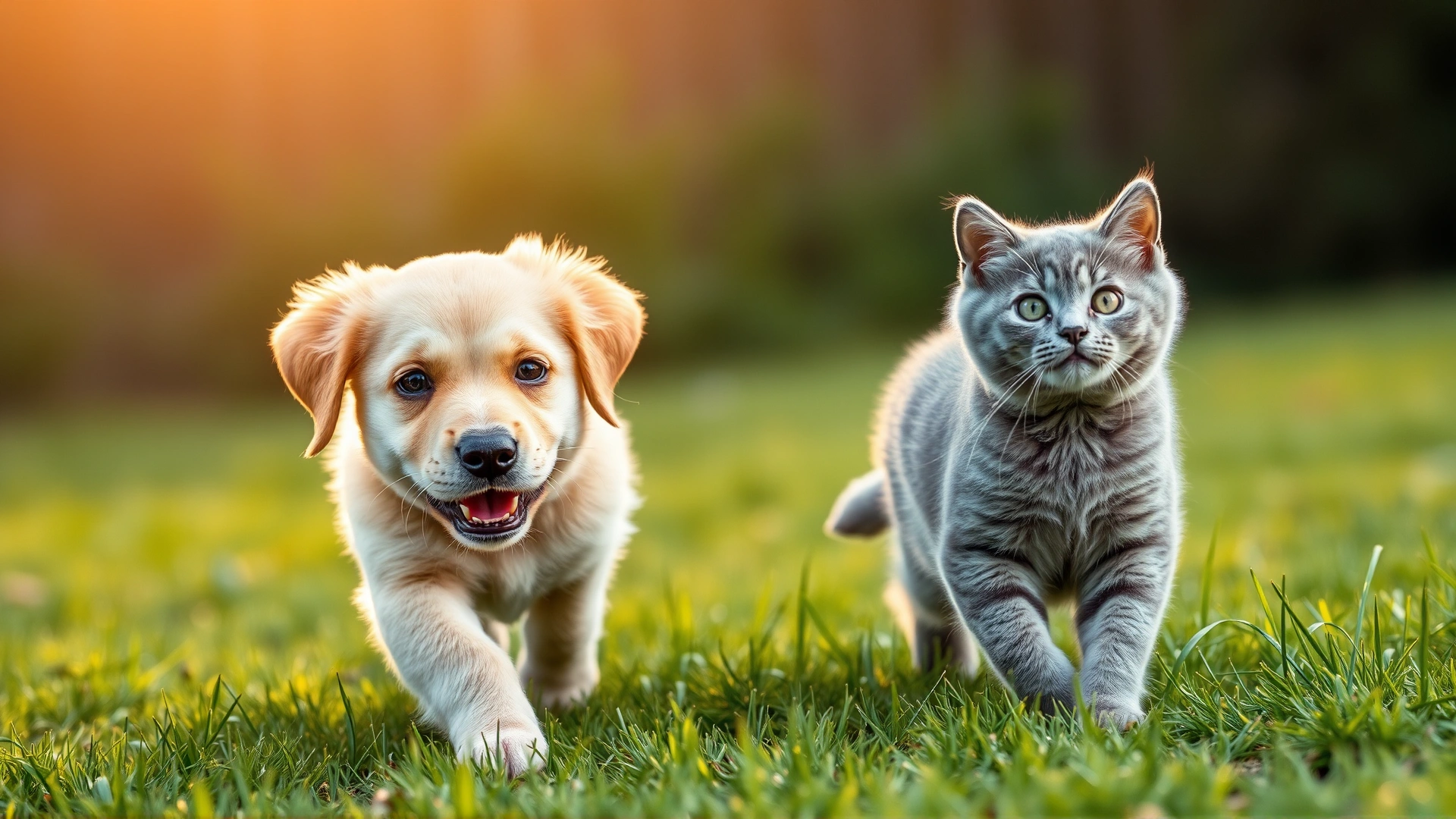 Playful golden retriever puppy and curious gray cat running on green grass under warm sunlight, symbolizing healthy and happy pets.