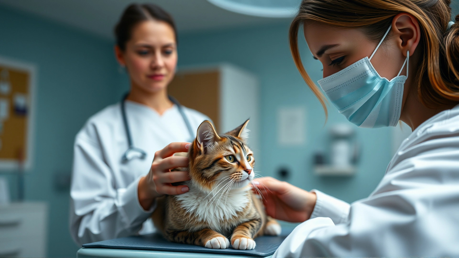 Close-up of a worried female pet owner listening closely as a veterinarian examines her cat on an exam table in a well-lit clinic; emphasis on emotional connection between owner and pet